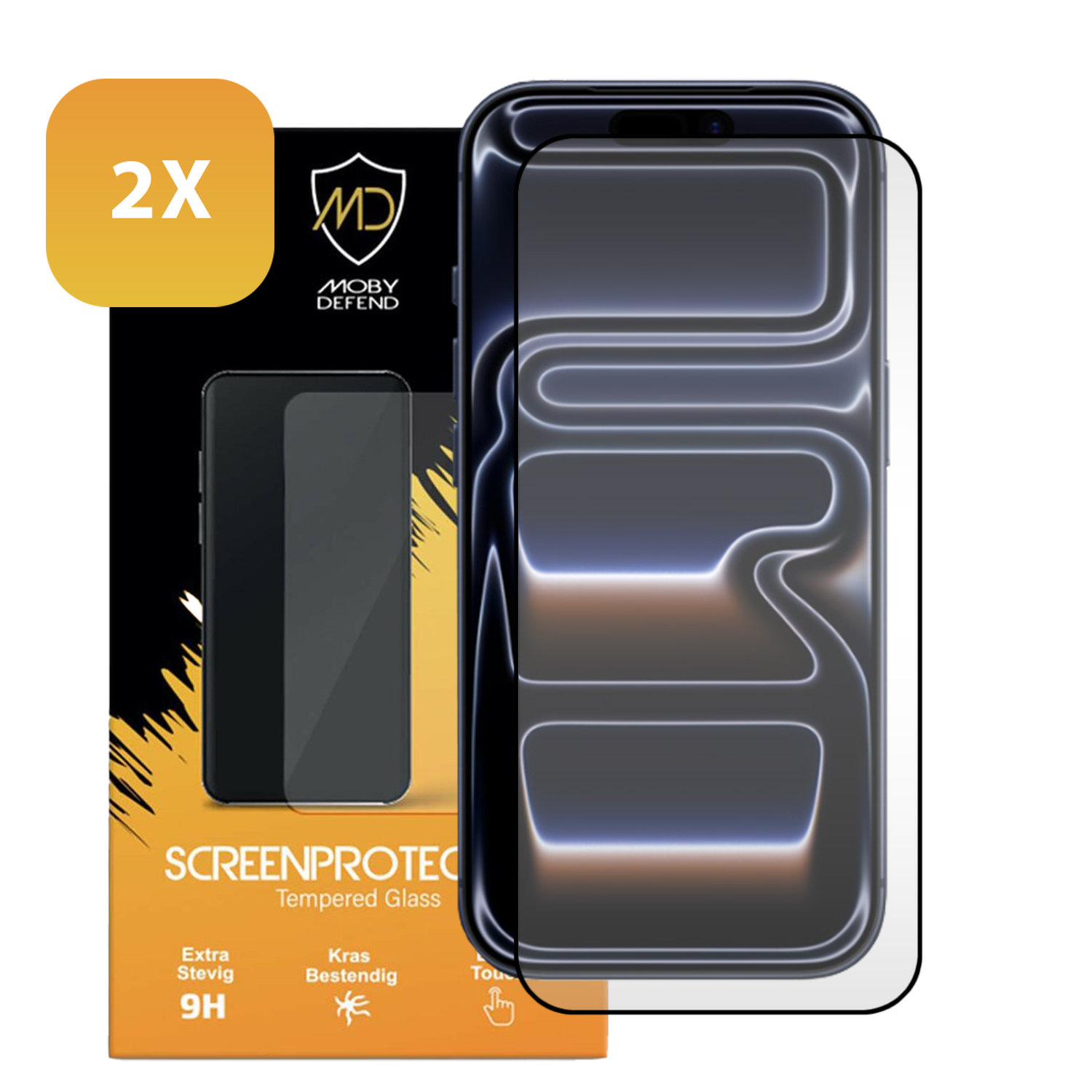 Un protecteur d'écran de téléphone est affiché. L'emballage montre la marque et les informations sur le produit. Le protecteur est sur un téléphone.