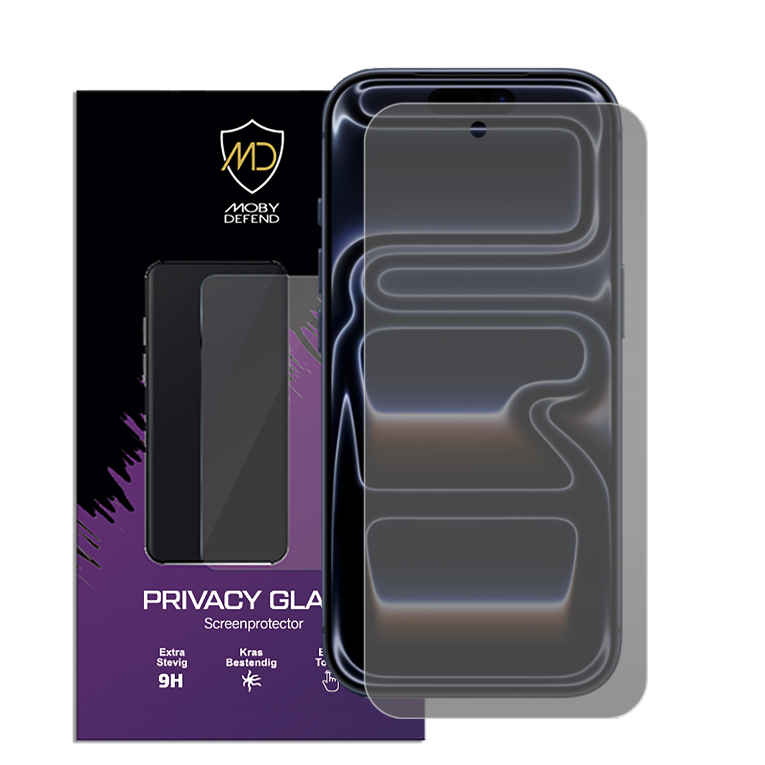 Een telefoon met een schermbeschermer, de verpakking toont de merknaam en productdetails, privacy glass schermbeschermer.
