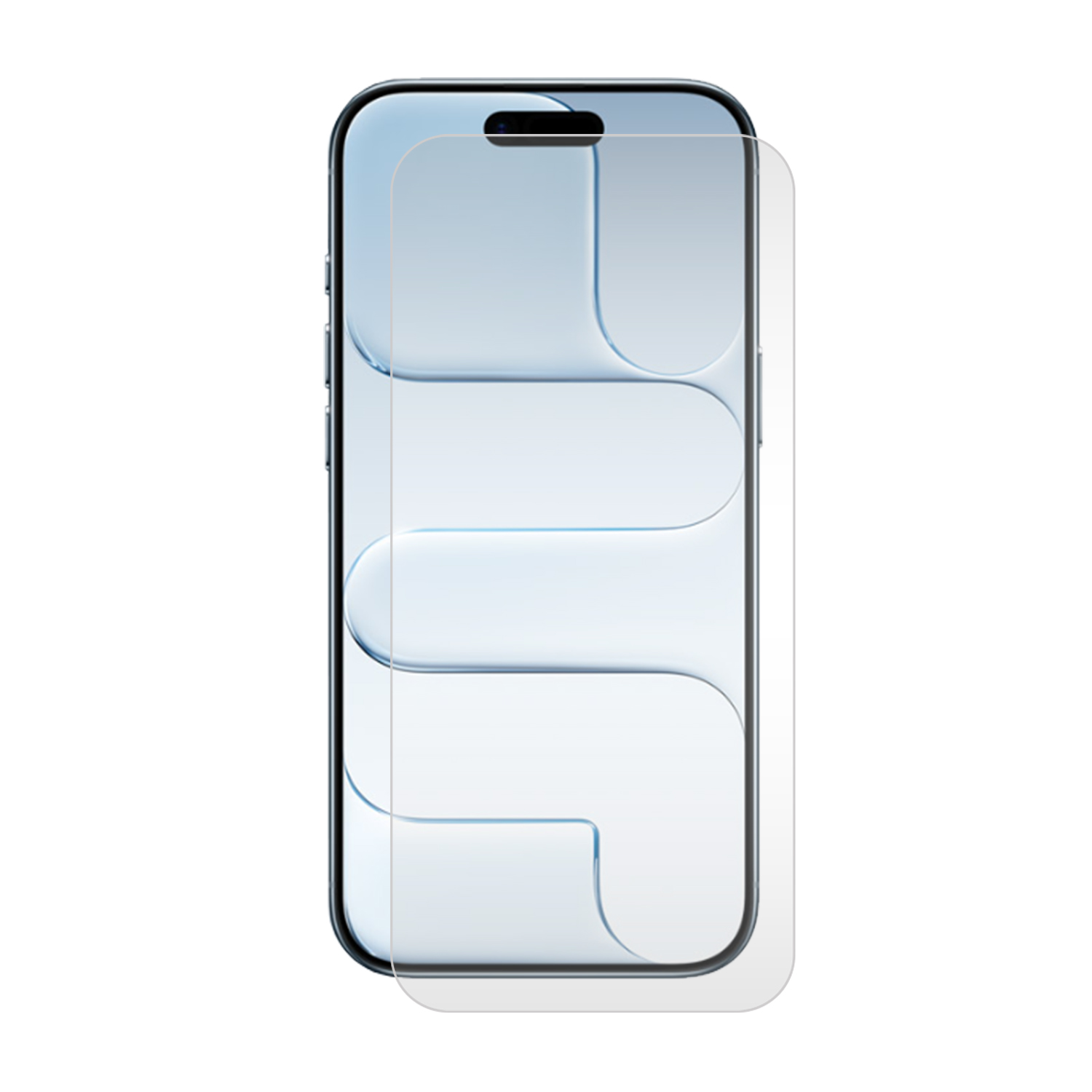 Un smartphone avec un protecteur d'écran appliqué. Le téléphone est noir et l'écran affiche un dégradé bleu clair. Le protecteur est transparent.