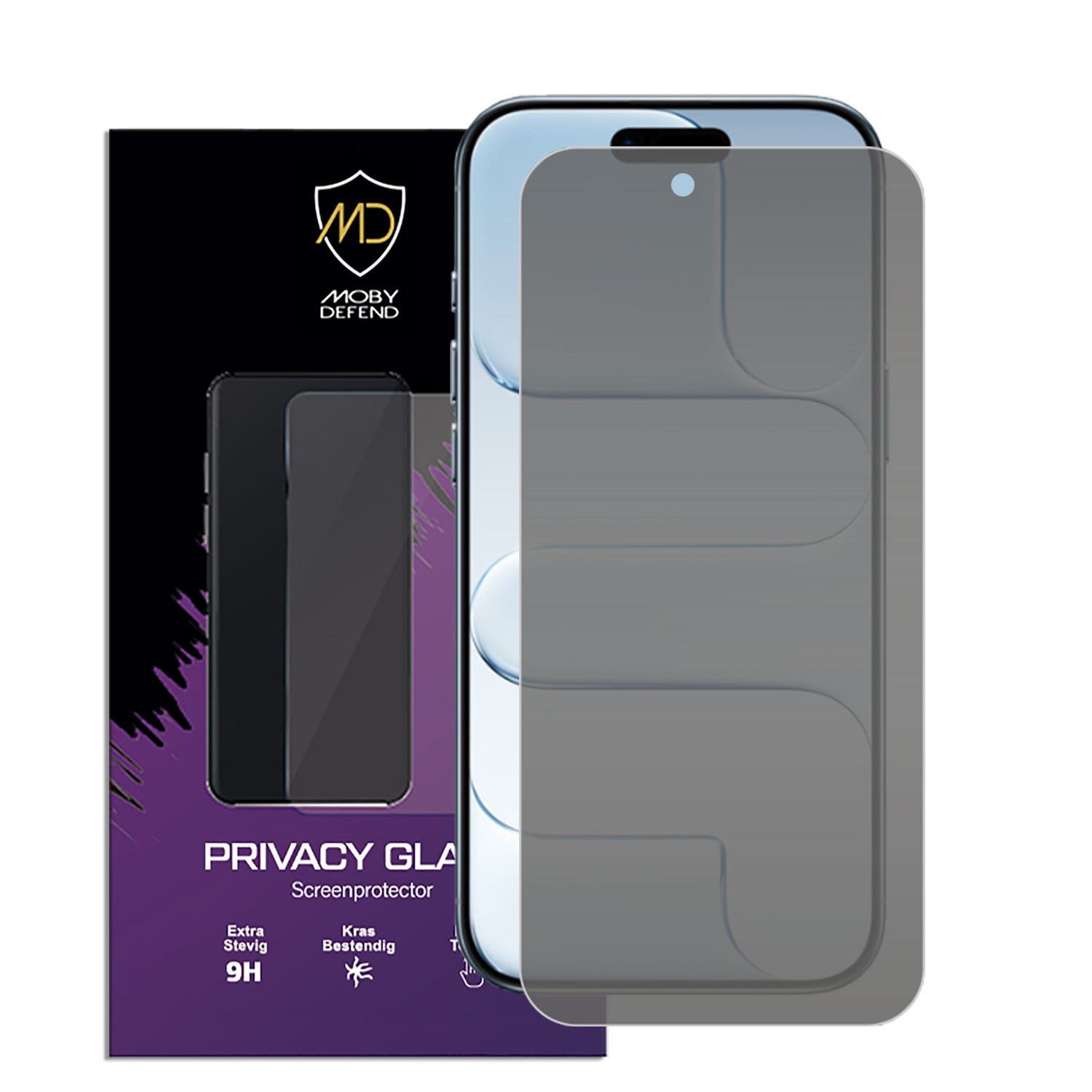 Un téléphone avec un protecteur d'écran de confidentialité. La boîte affiche la marque MOBY DEFEND et les mots 'PRIVACY GLA Screenprotector'.