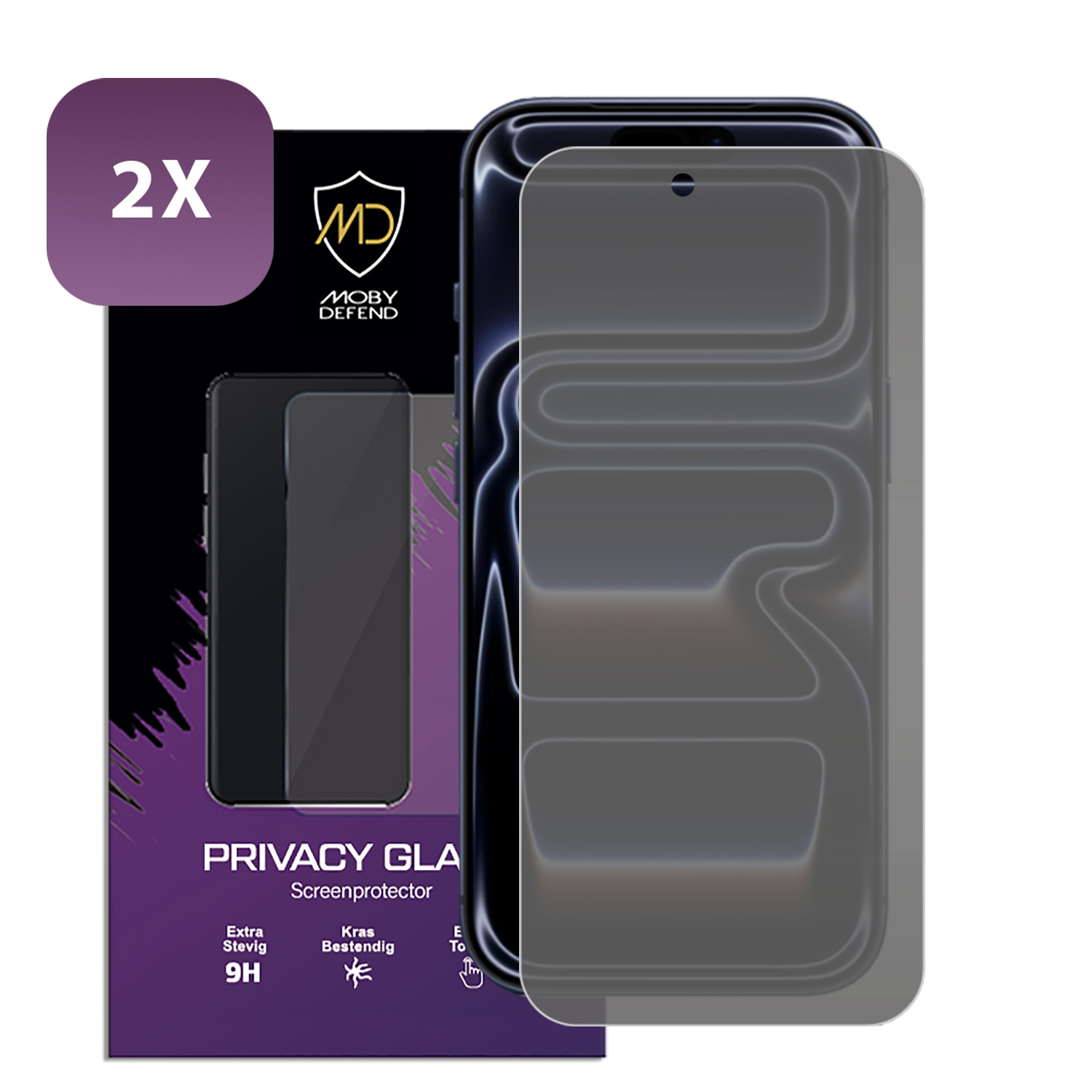 Un smartphone avec un protecteur d'écran. Une boîte affiche les caractéristiques du produit. La boîte porte le logo Moby Defend.