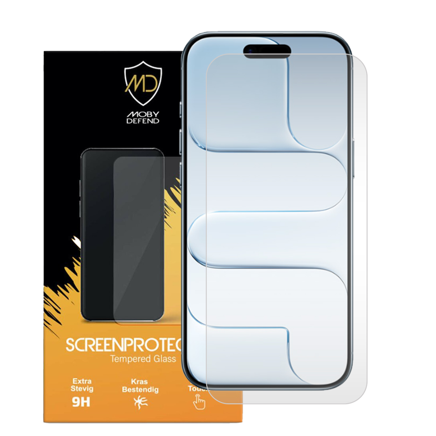 Un protecteur d'écran de téléphone et son emballage. La boîte est orange et noire avec les détails du produit. Un téléphone est présenté avec le protecteur.