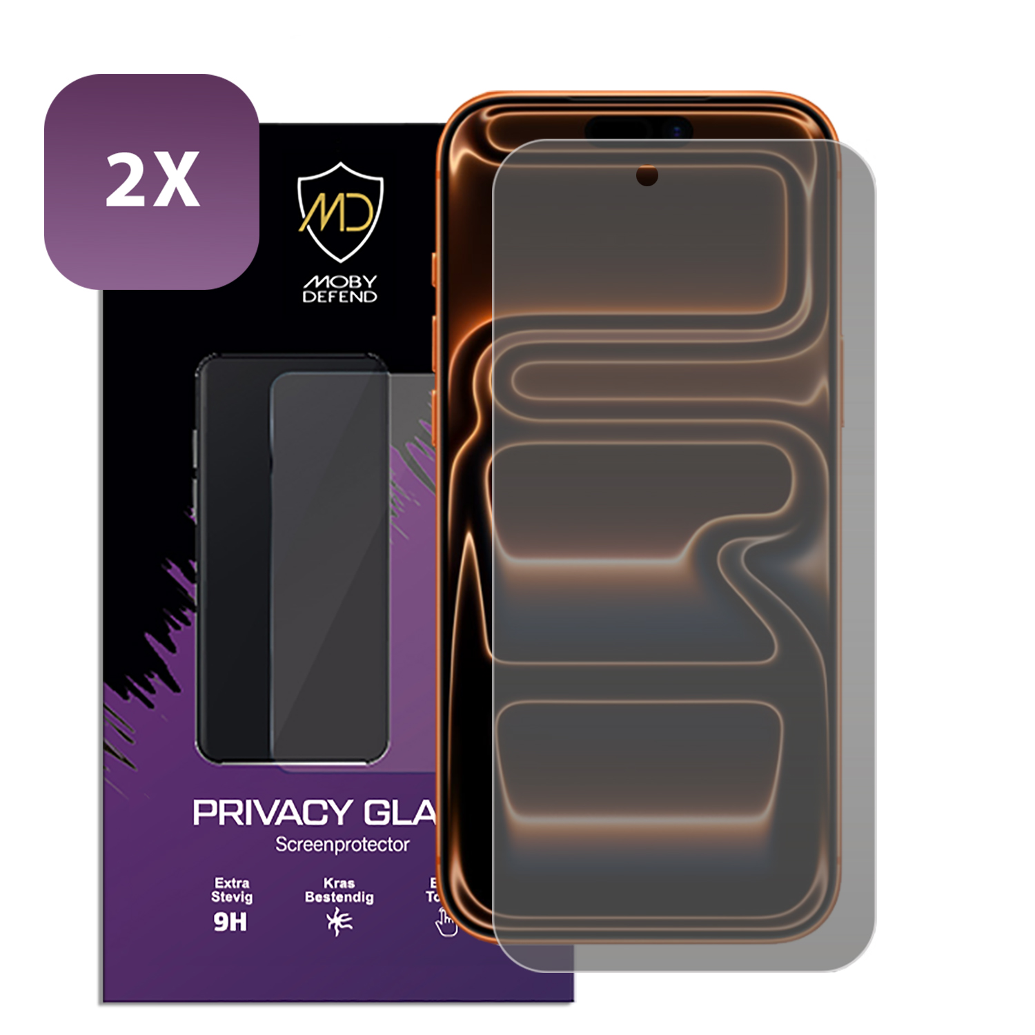 Un téléphone avec un protecteur d'écran. L'emballage comprend une étiquette 2X et la marque Moby Defend.