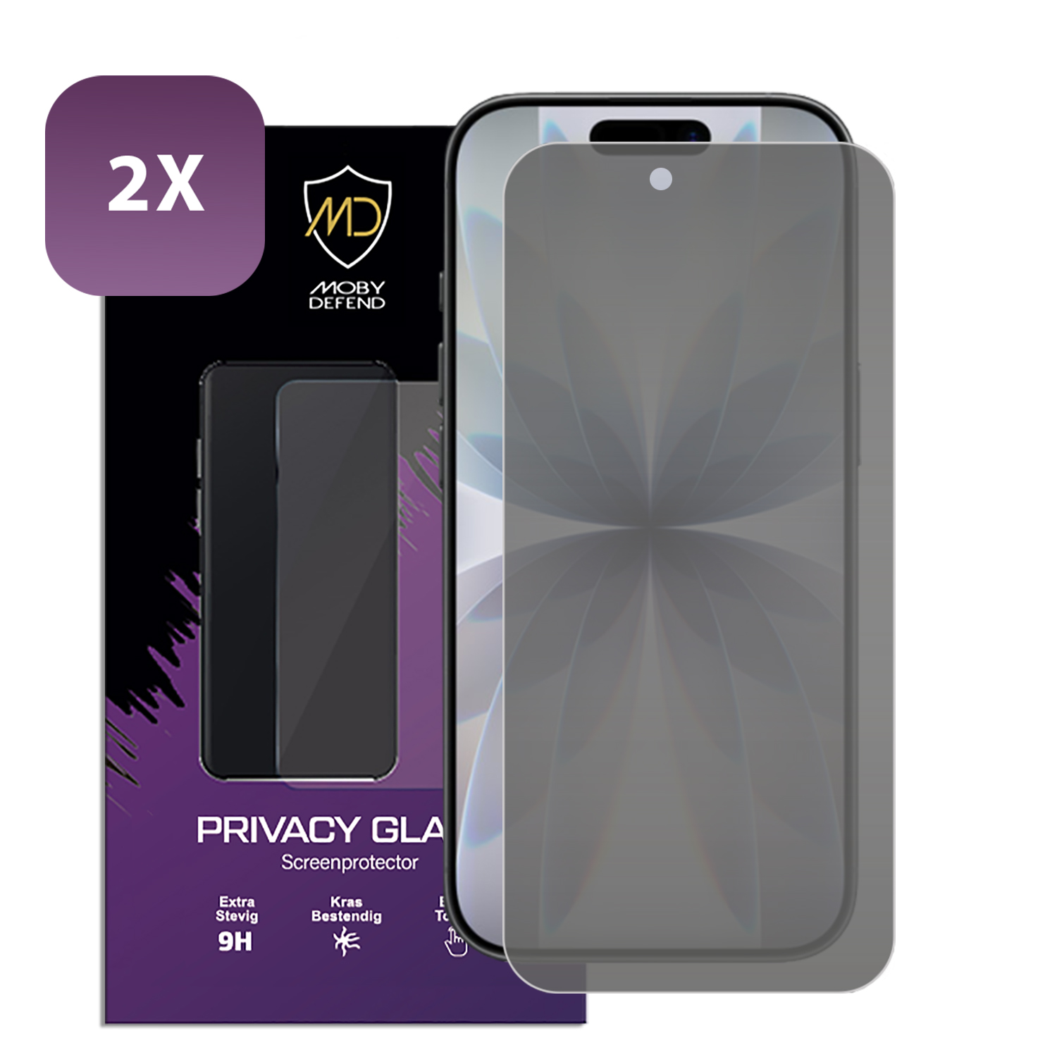 Un protecteur d'écran pour smartphone avec verre de confidentialité. L'emballage montre le produit et un téléphone, avec texte 'PRIVACY GLASS' et '2X'.