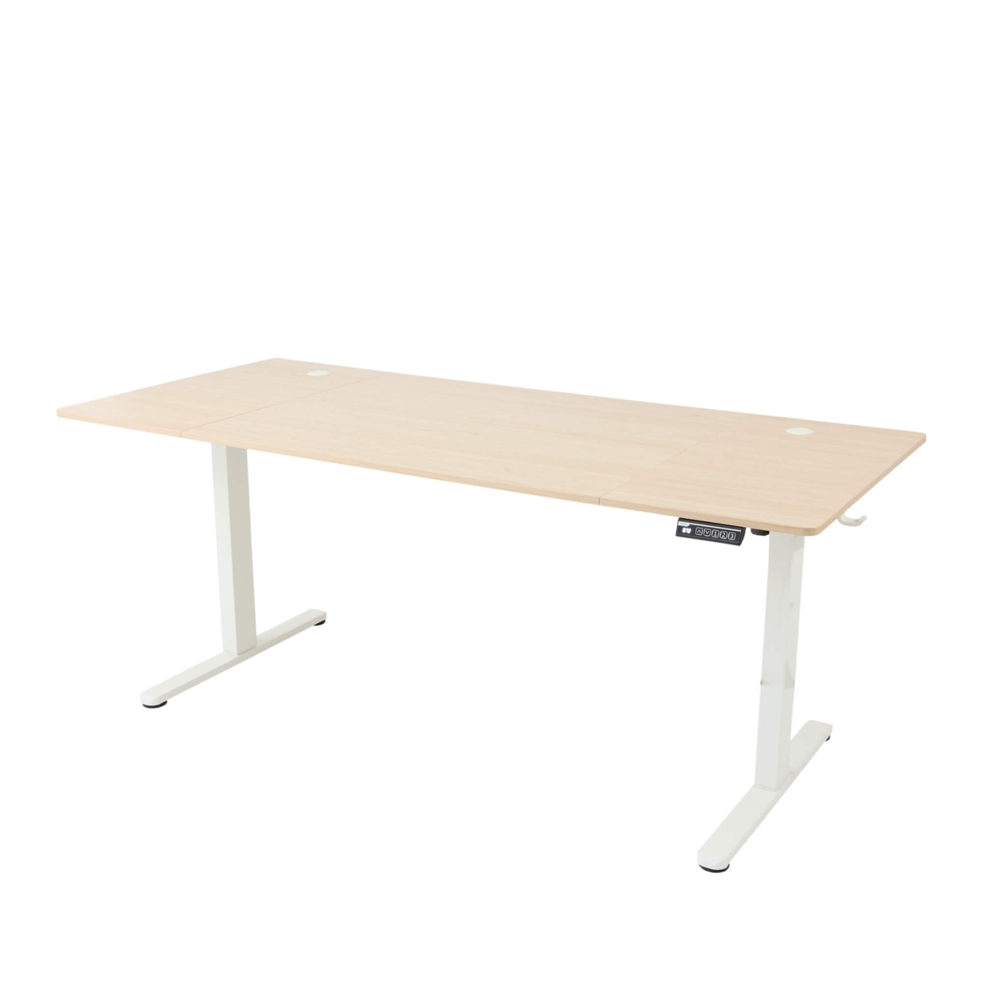 Ein heller Holzschreibtisch mit weißen Beinen steht auf weißem Hintergrund. Der Schreibtisch hat ein Bedienfeld und einen Haken.