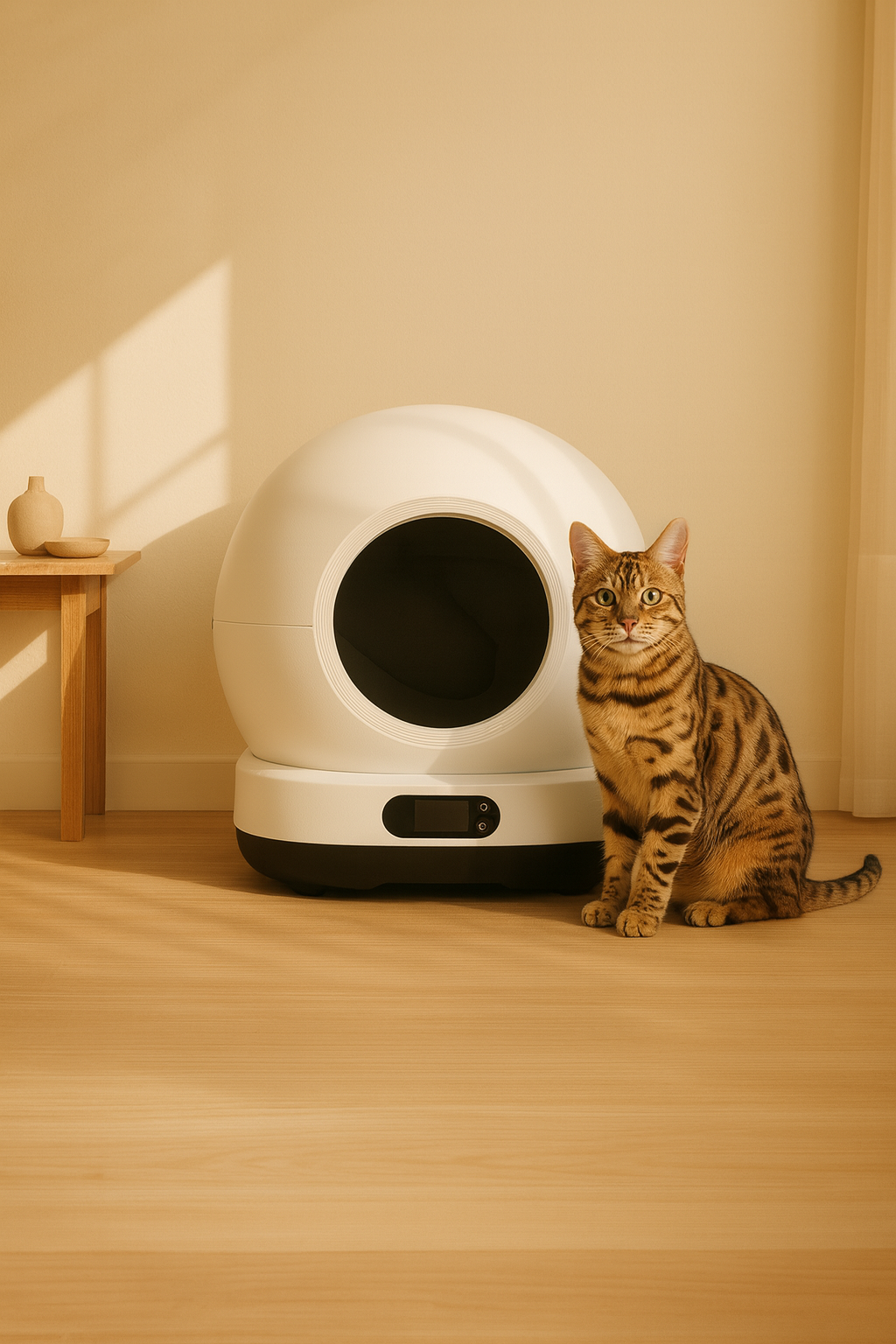 Eine Katze sitzt neben einer weißen Katzentoilette. Die Katze ist braun mit schwarzen Streifen. Ein kleiner Tisch und eine Wand sind im Hintergrund.