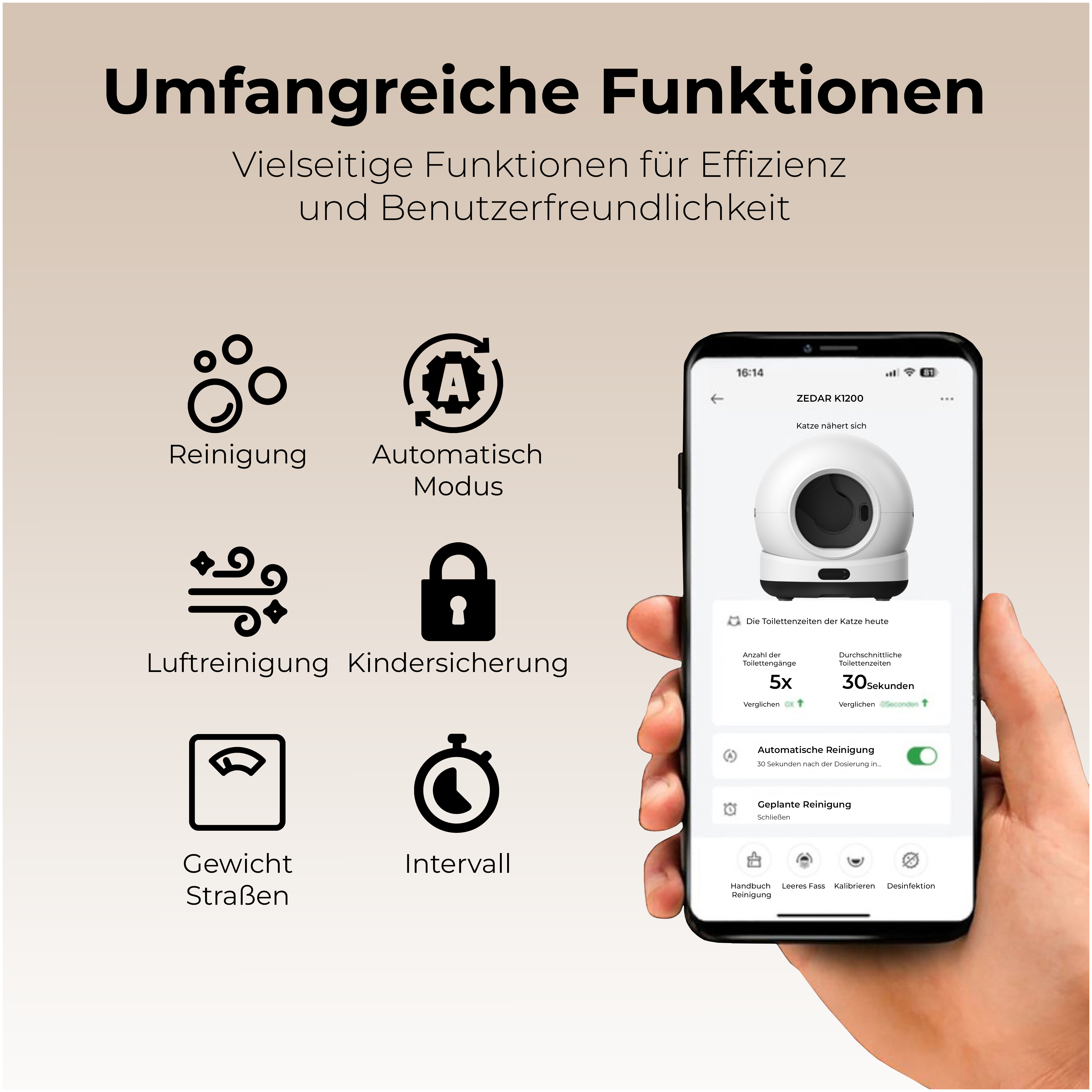 Das Bild zeigt Produktmerkmale auf einem Telefon. Zu den Symbolen gehören Reinigung, Automatikmodus und Luftreinigung.