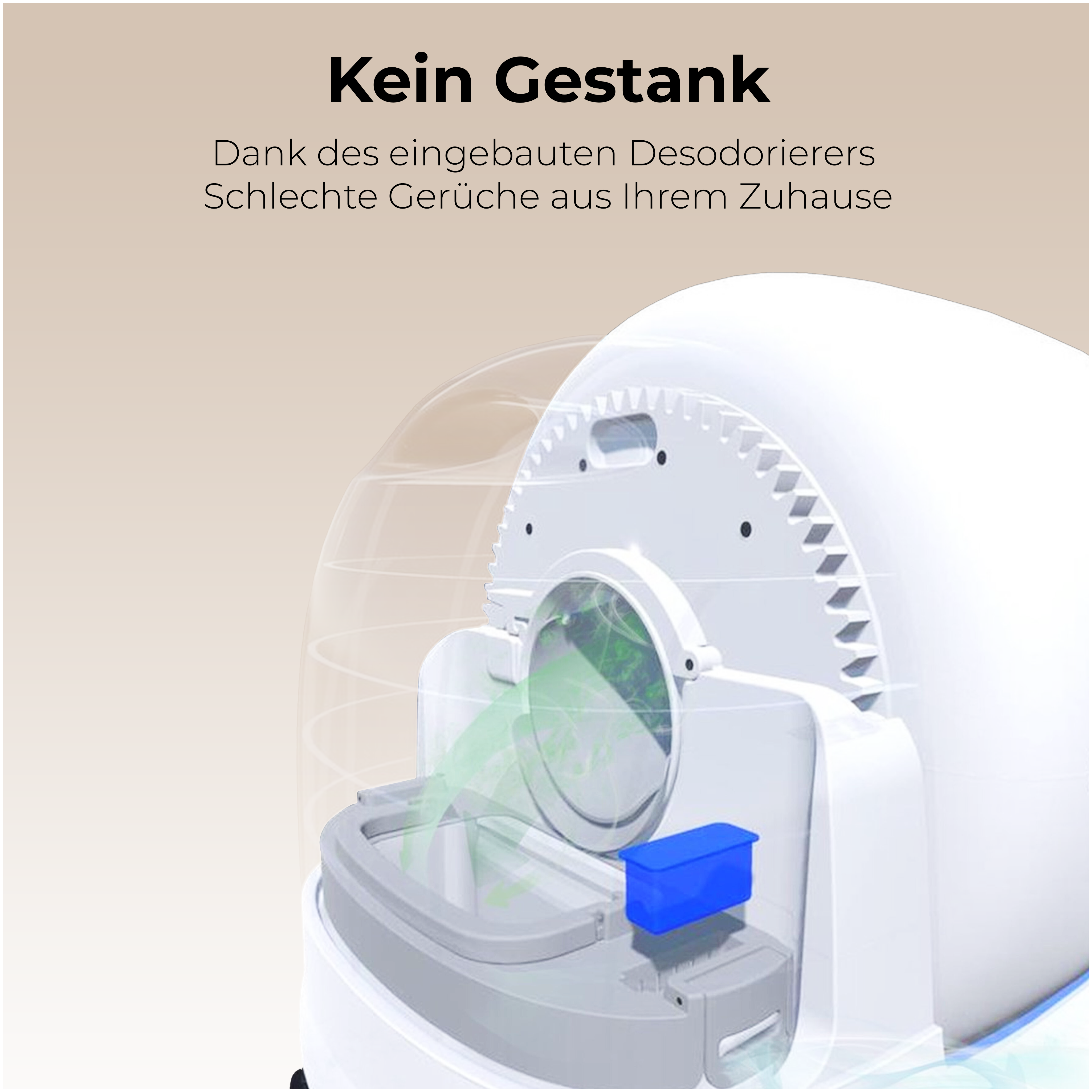Ein weißes Gerät mit blauem Behälter. Text sagt 'Kein Gestank'. Grüne Luft strömt aus, vermutlich zur Desodorierung.