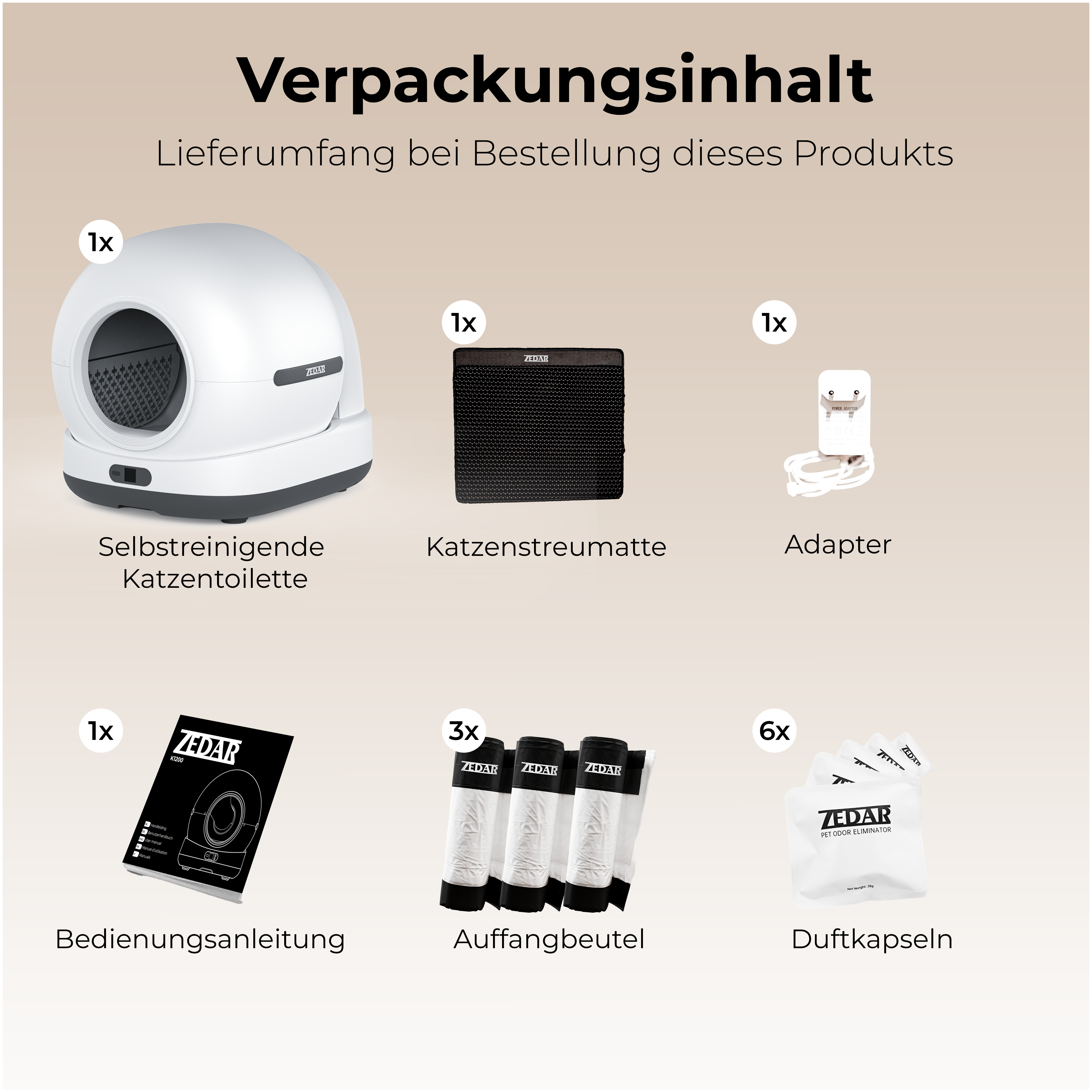 Bild zeigt Katzenklo und Zubehör. Enthält Matte, Adapter, Beutel und Geruchsbeseitigungskapseln.