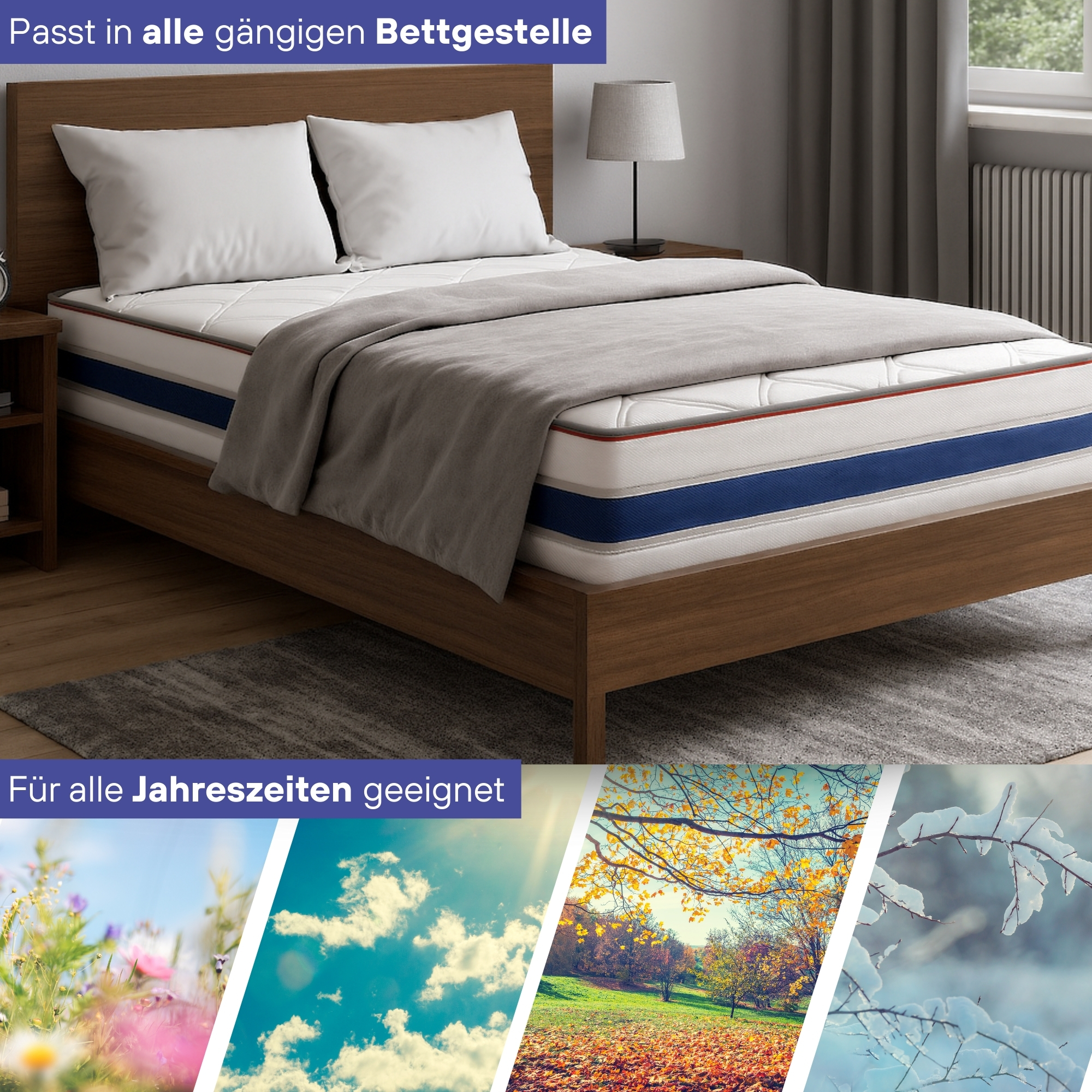 Ein Bett mit weißen Kissen und einer grauen Decke. Darunter Bilder, die vier Jahreszeiten darstellen: Frühling, Sommer, Herbst und Winter.