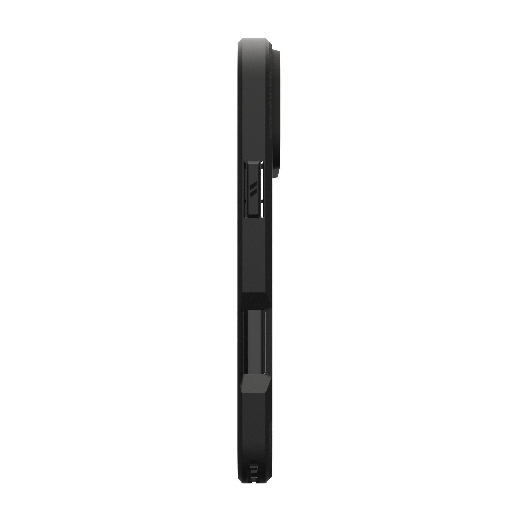 Vue latérale d'une coque de téléphone noire. La coque a une découpe pour la caméra et des détails de boutons, sur fond blanc.