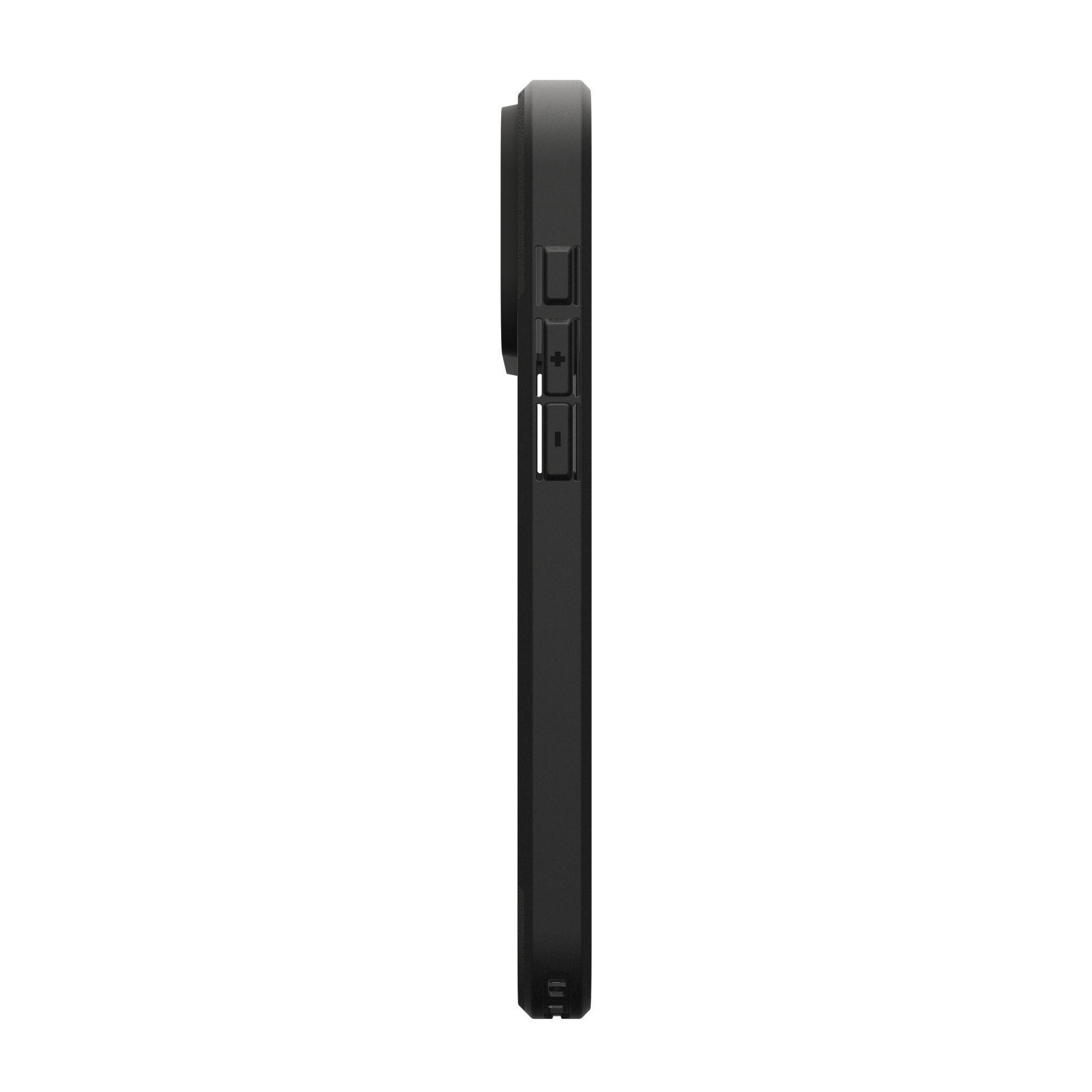 Coque de téléphone noire, vue latérale. Boutons de volume, découpe caméra et surface texturée.