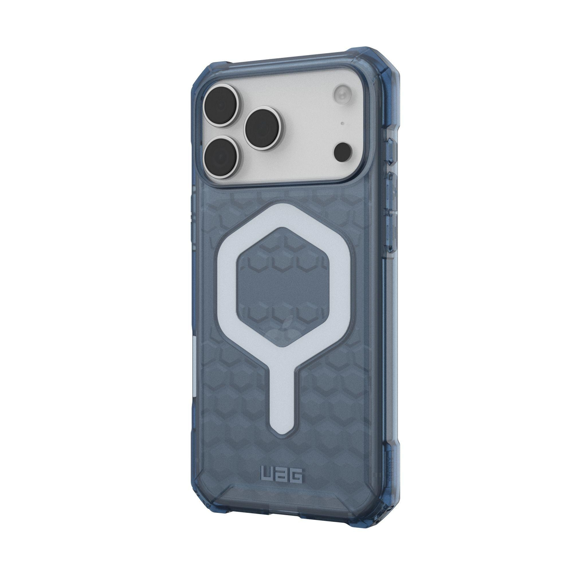 Eine Handyhülle mit blauem Rahmen, schwarzen Kameraringen und weißem Hexagon-Design. Der Markenname UAG steht unten.