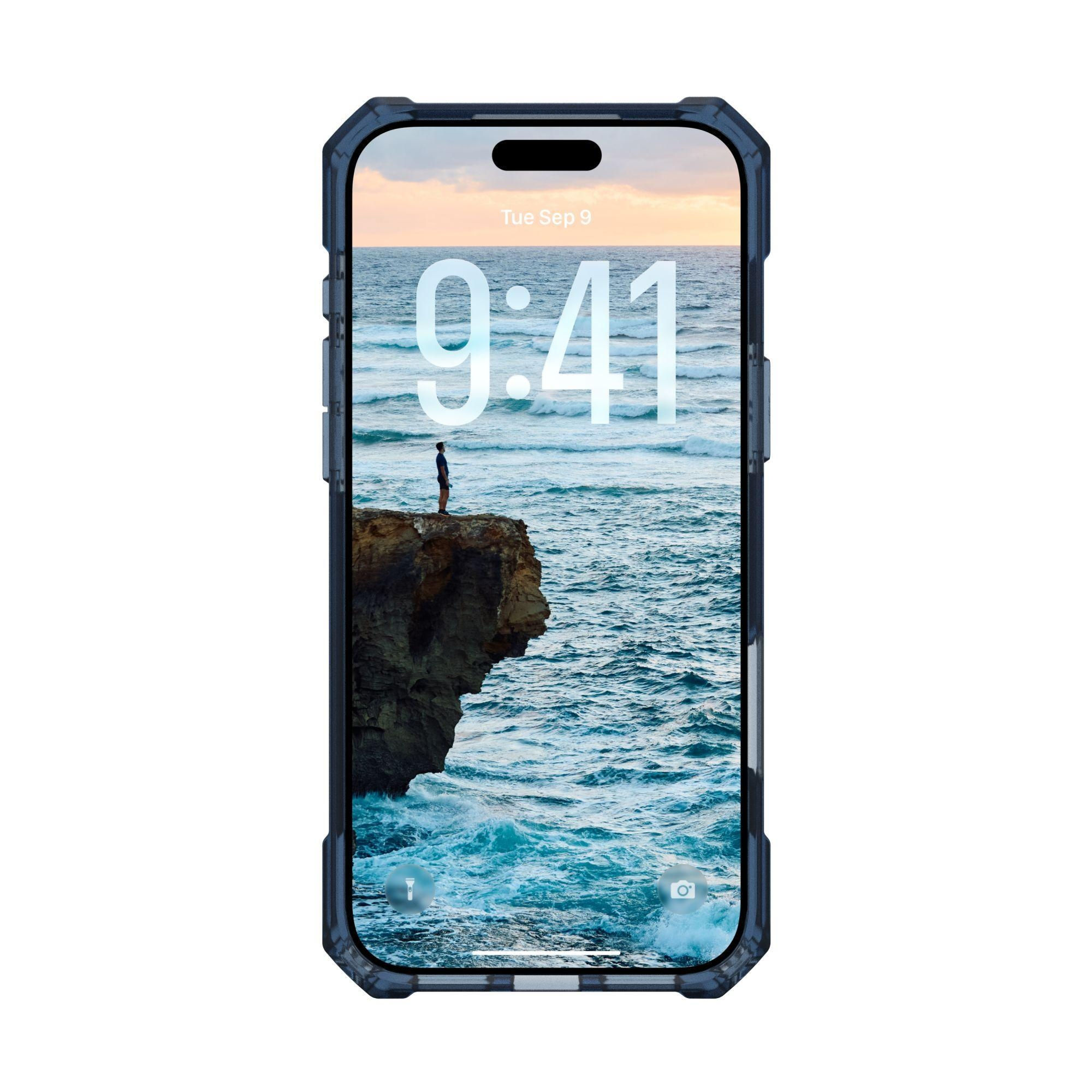 Ein Telefon zeigt eine malerische Aussicht: eine Person auf einer Klippe, die auf Wellen blickt. Die Uhrzeit ist 9:41. Das Telefon befindet sich in einem blauen Gehäuse.