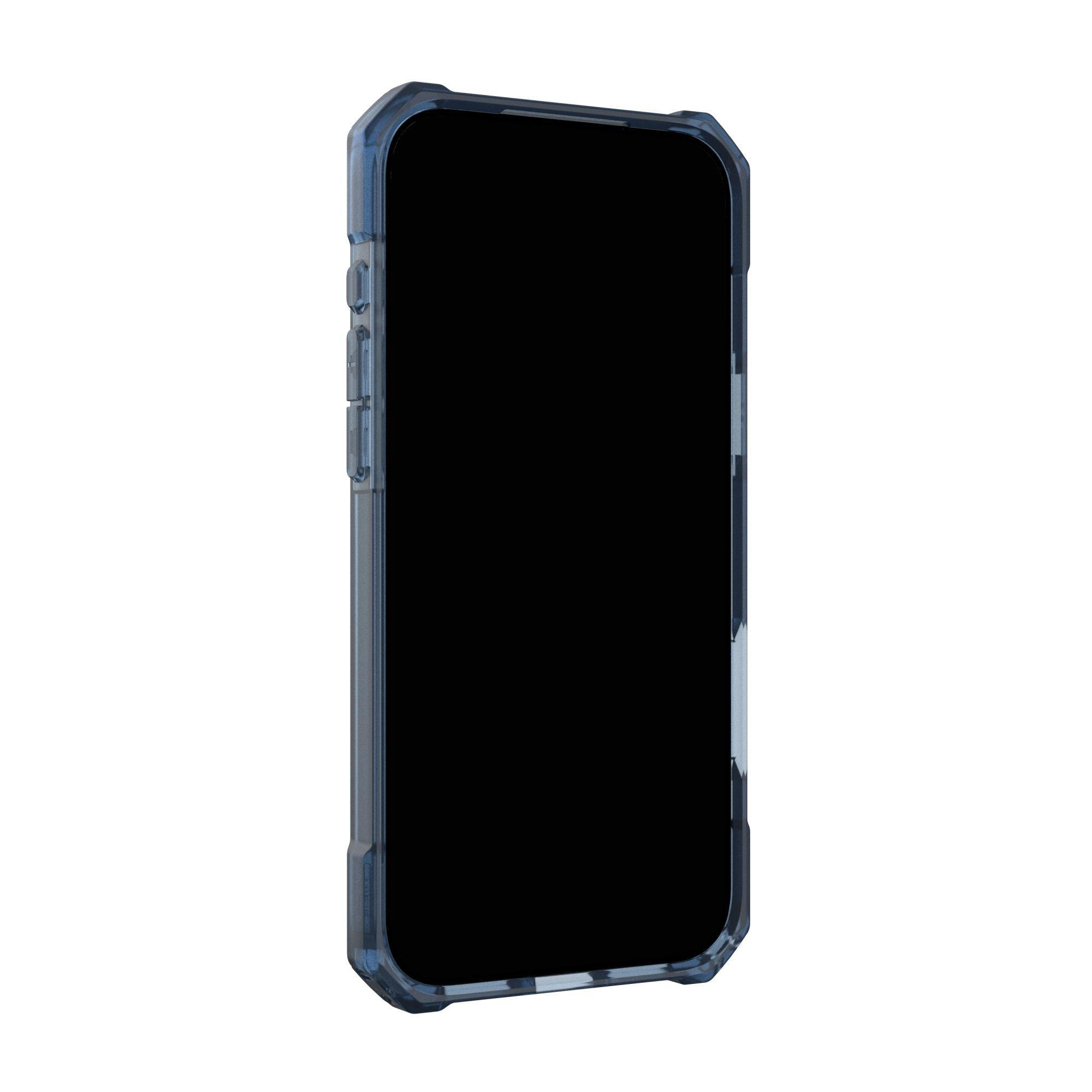 Ein Smartphone in einer transparent-blauen Schutzhülle vor weißem Hintergrund. Der Bildschirm ist schwarz.