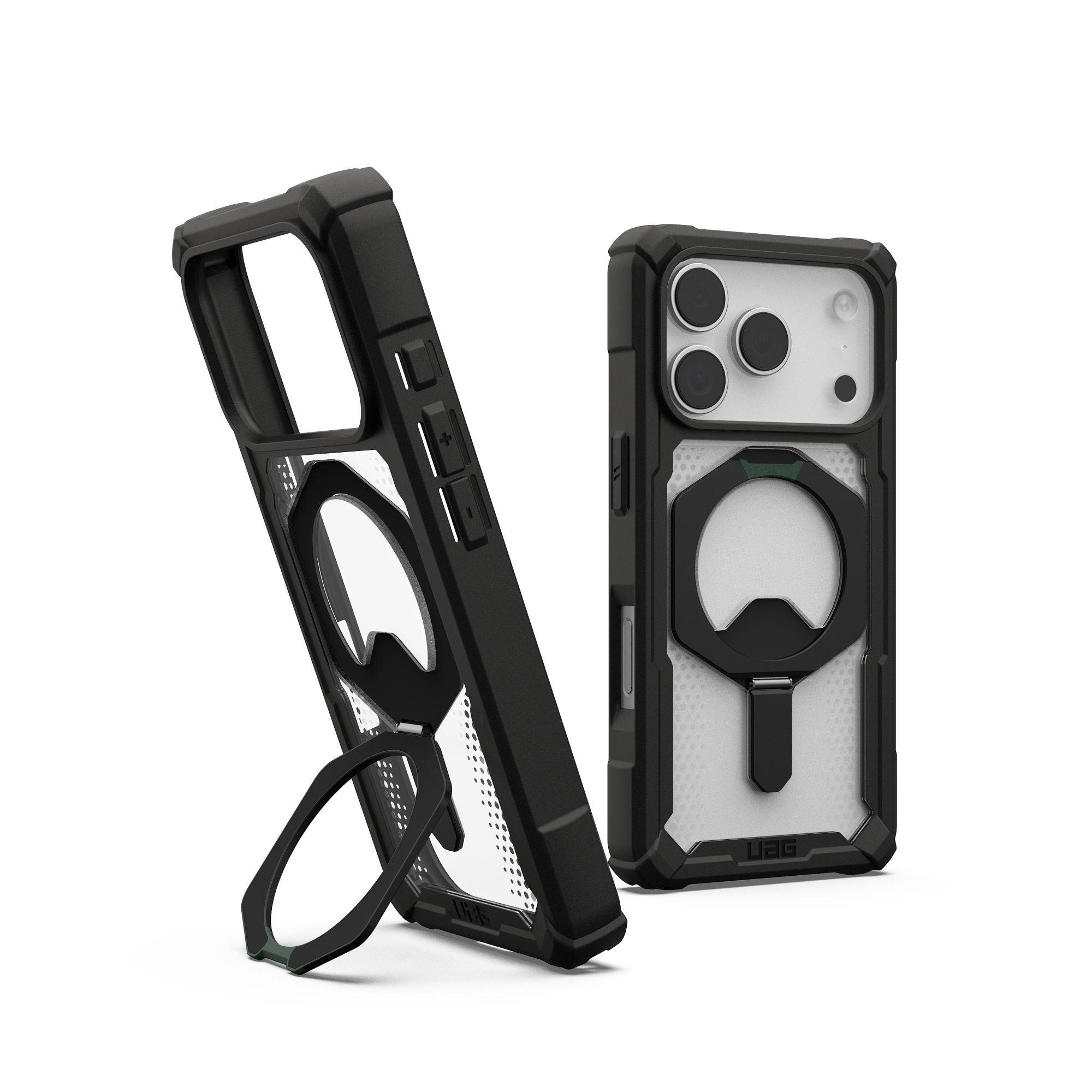 Custodie per telefono nere con cavalletto. Una è aperta, l'altra chiusa con la fotocamera visibile. Sfondo bianco.