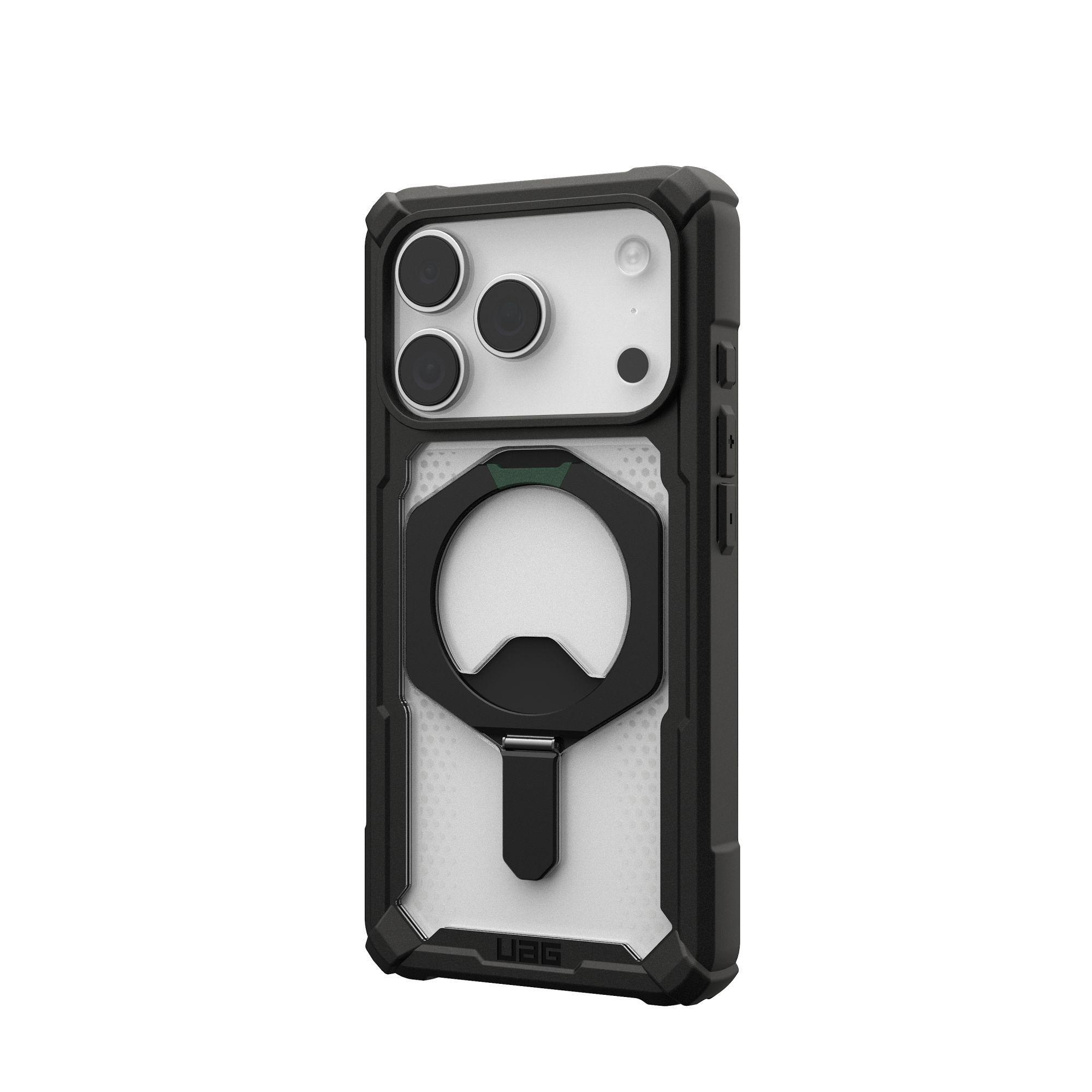 Custodia nera per telefono con ritaglio per fotocamera e anello in metallo. Su sfondo bianco.