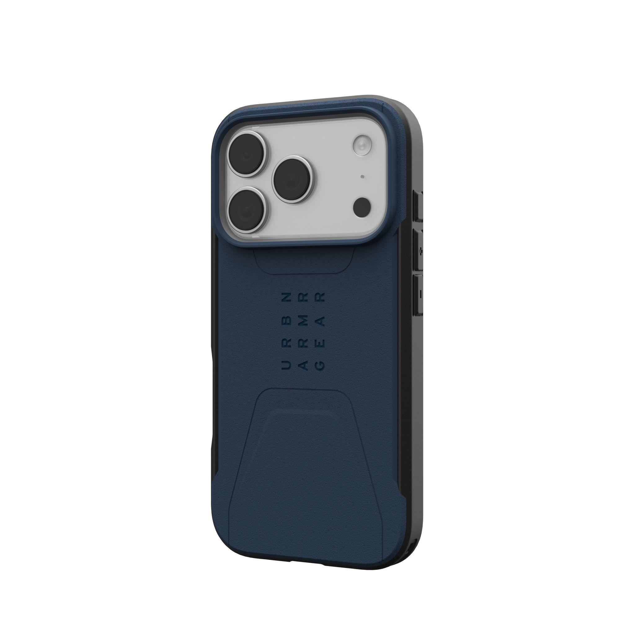 Una funda de teléfono azul y negra con las palabras 'URBN ARMOR GEAR'. La funda tiene varias cámaras.