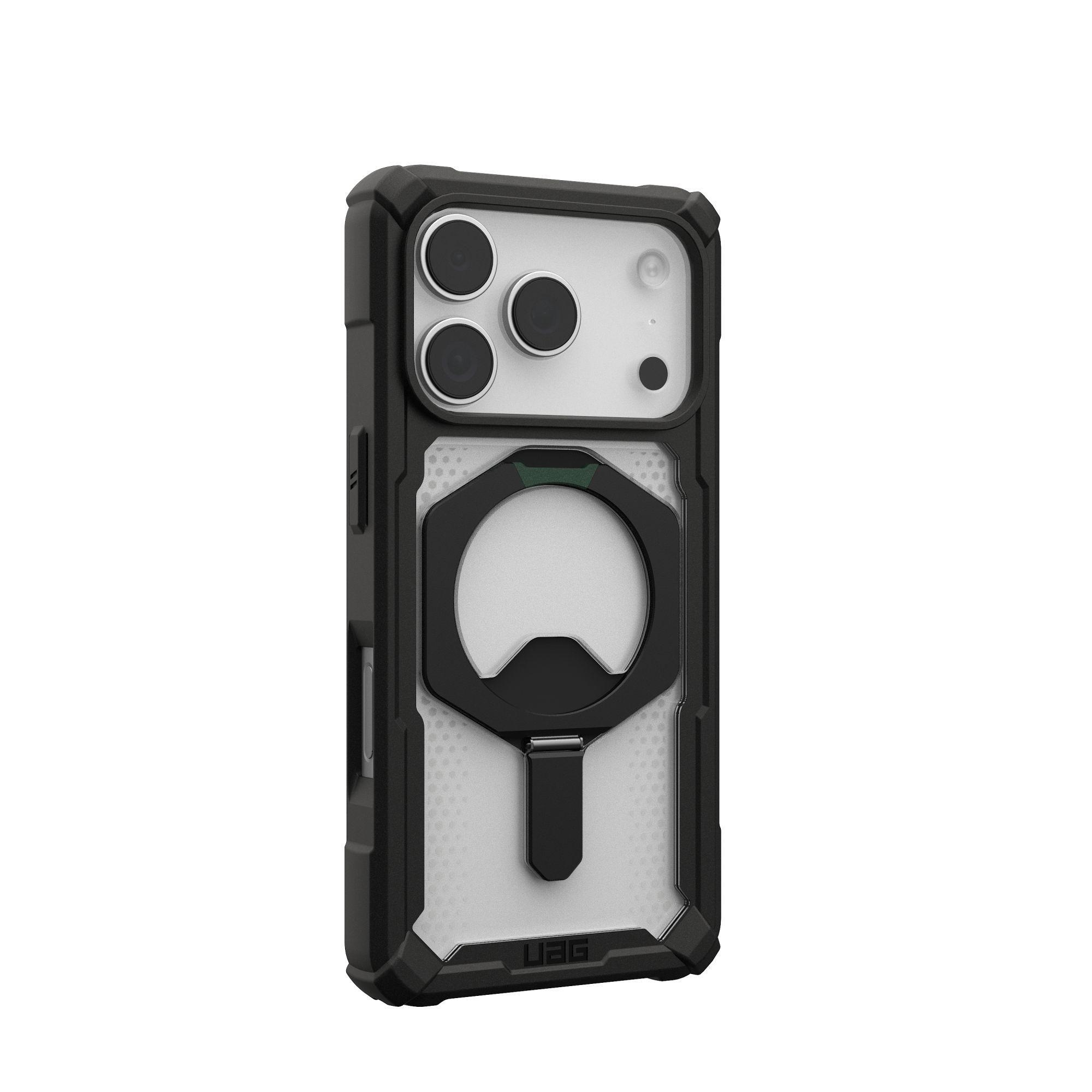 Custodia nera per telefono con retro trasparente e apribottiglie. Design robusto con logo UAG.