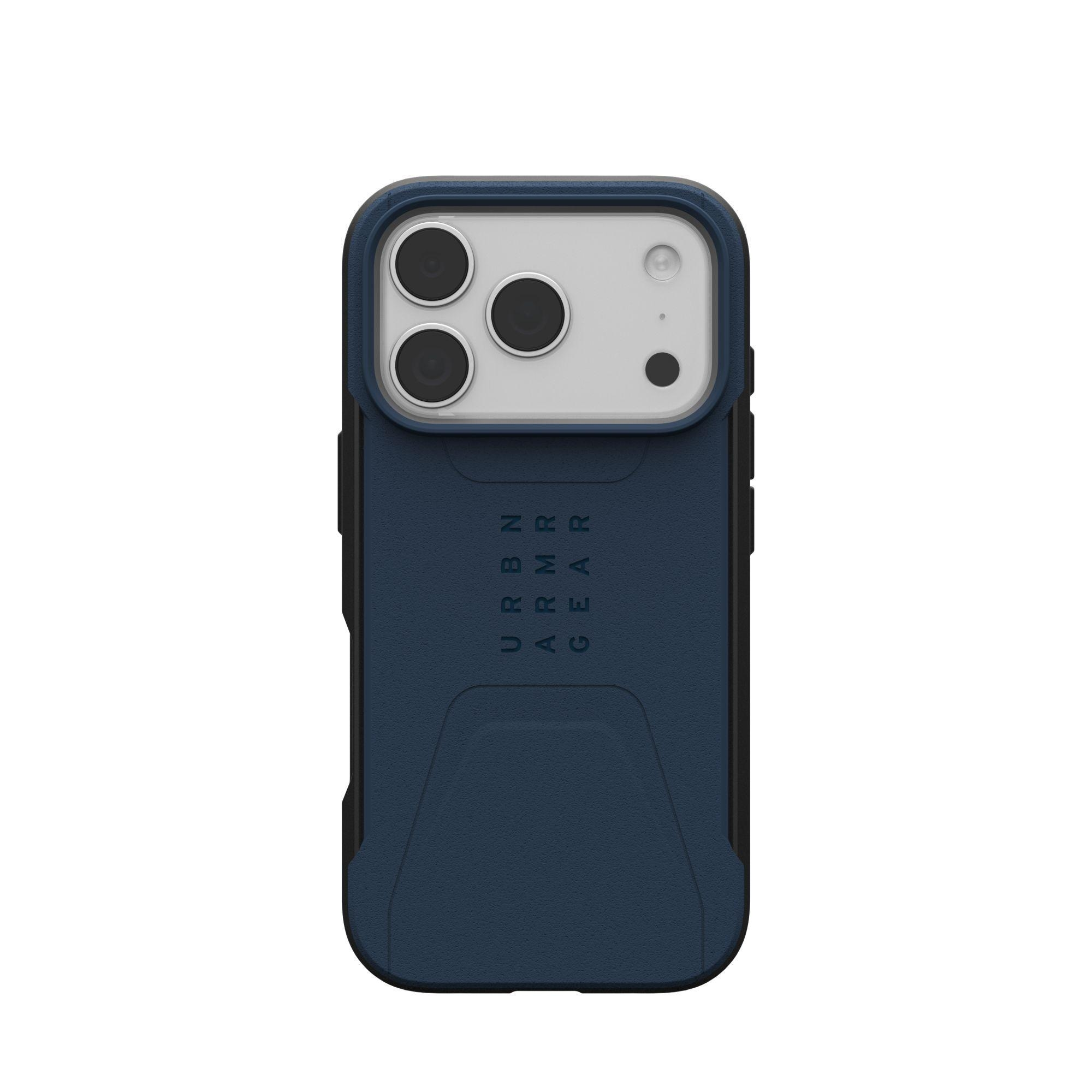 Una funda azul para teléfono con las palabras 'URBN ARMOR GEAR' impresas en la parte trasera. La funda tiene un recorte para la cámara.
