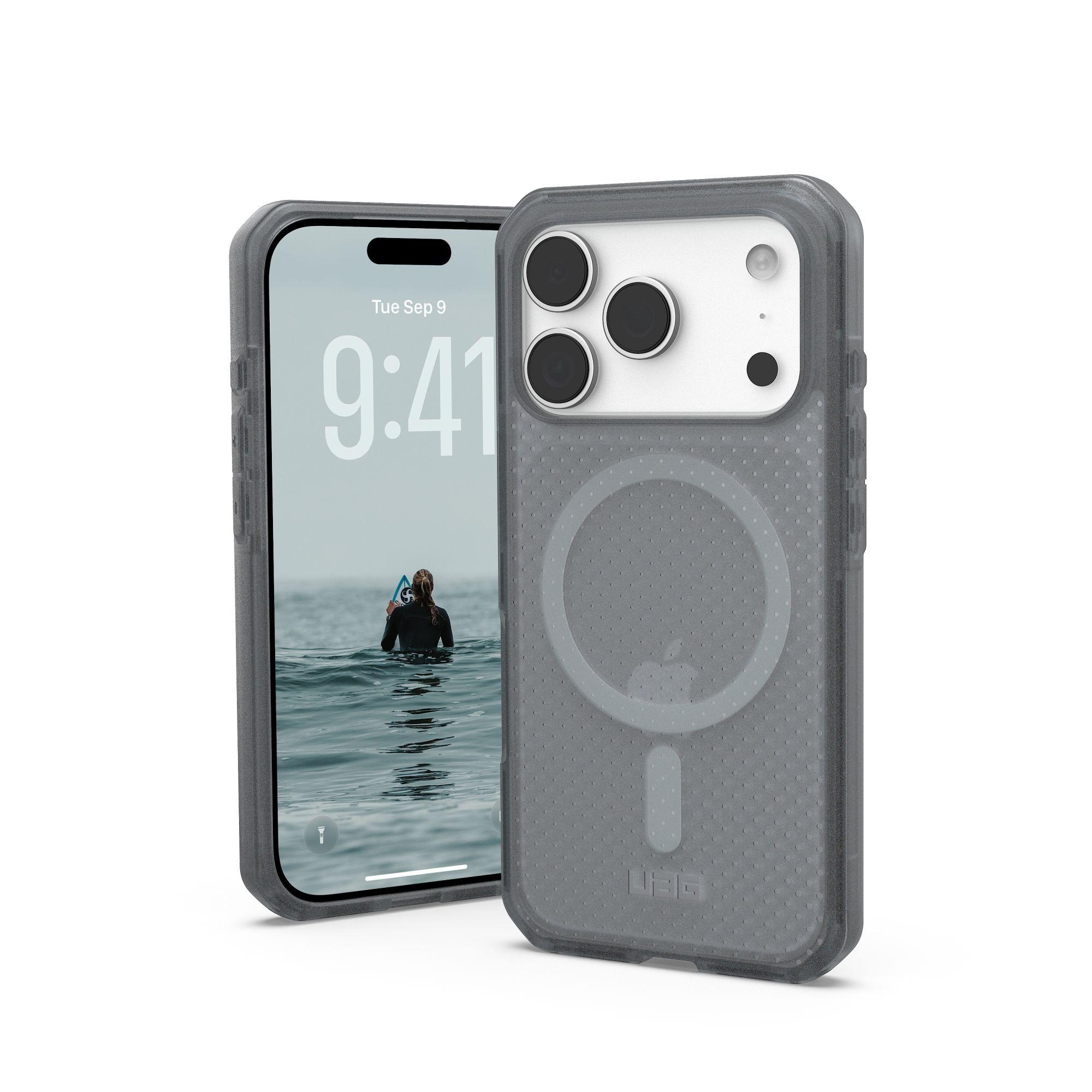 iPhone mit grauem Gehäuse. Der Bildschirm zeigt eine Person im Wasser. Das Gehäuse hat einen Kreis und ein UAG-Logo.