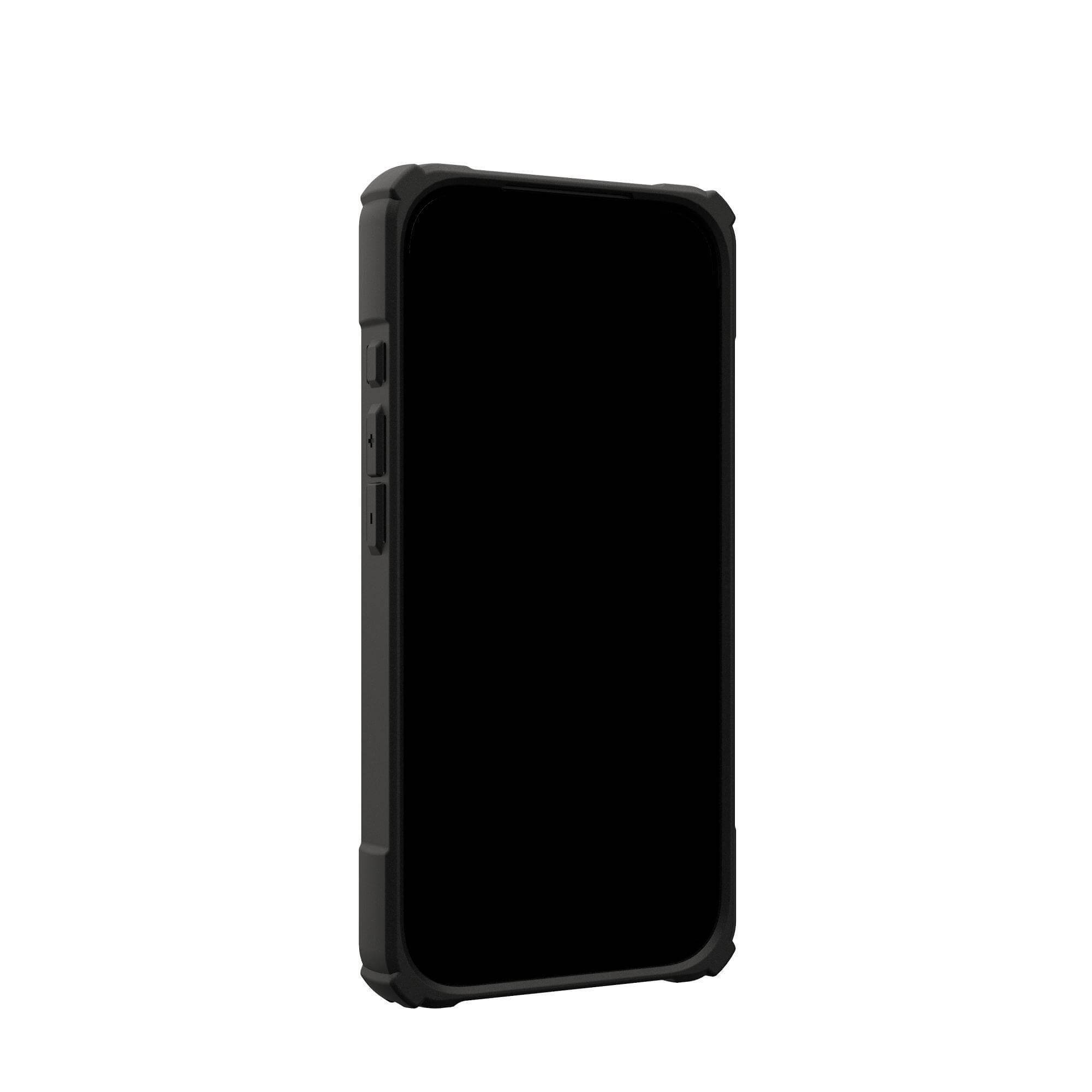 Un telefono nero in una custodia nera su sfondo bianco. Lo schermo è nero. La custodia ha i pulsanti.