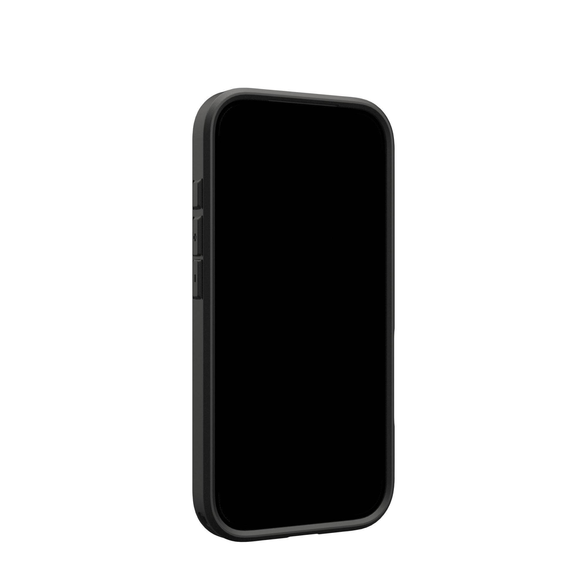 Een zwarte smartphone in een zwarte hoes tegen een witte achtergrond. Het scherm is zwart. Knoppen aan de zijkant.