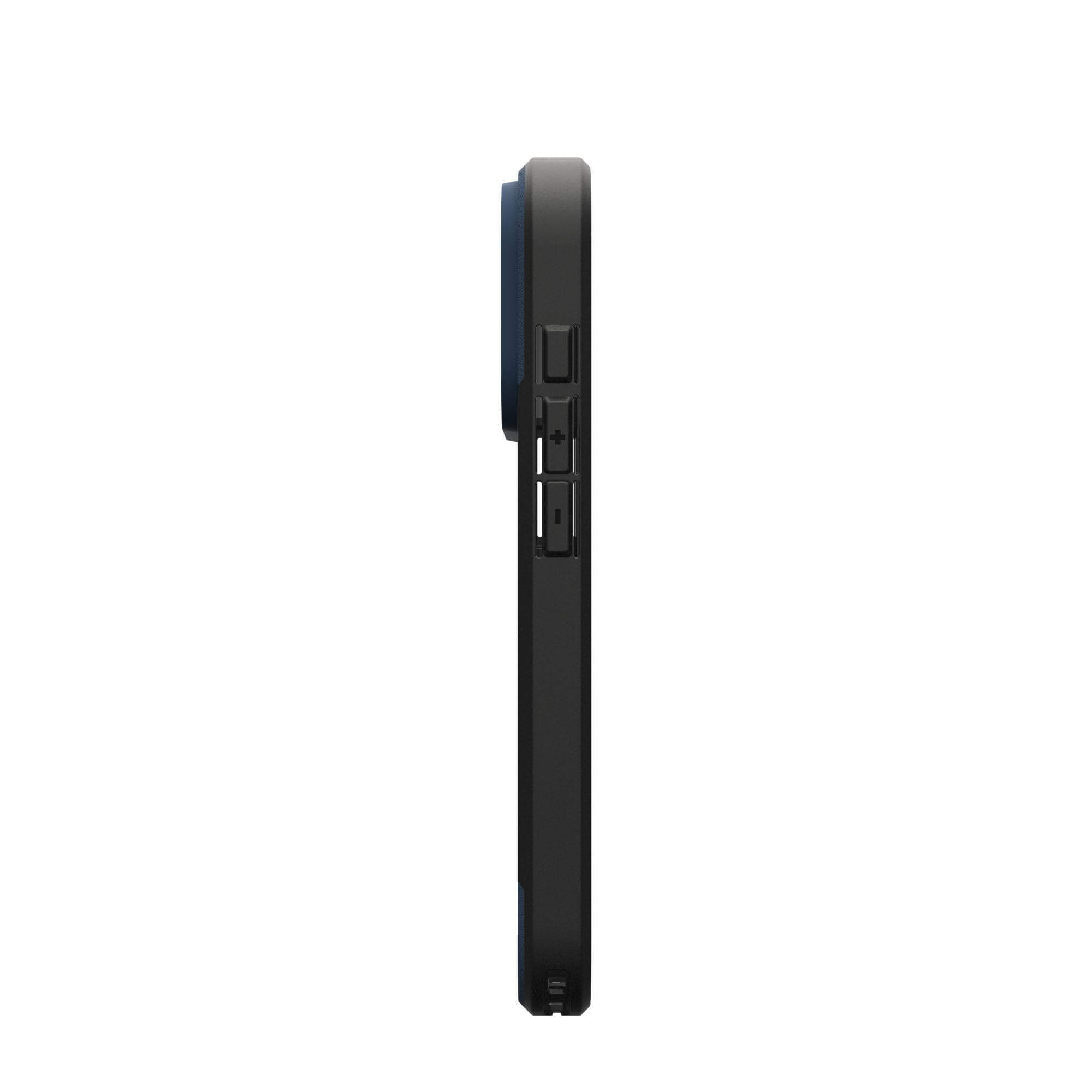 Zijaanzicht van een zwarte telefoonhoes met blauwe accenten. Het heeft knoppen aan de zijkant en een uitsparing voor de camera.