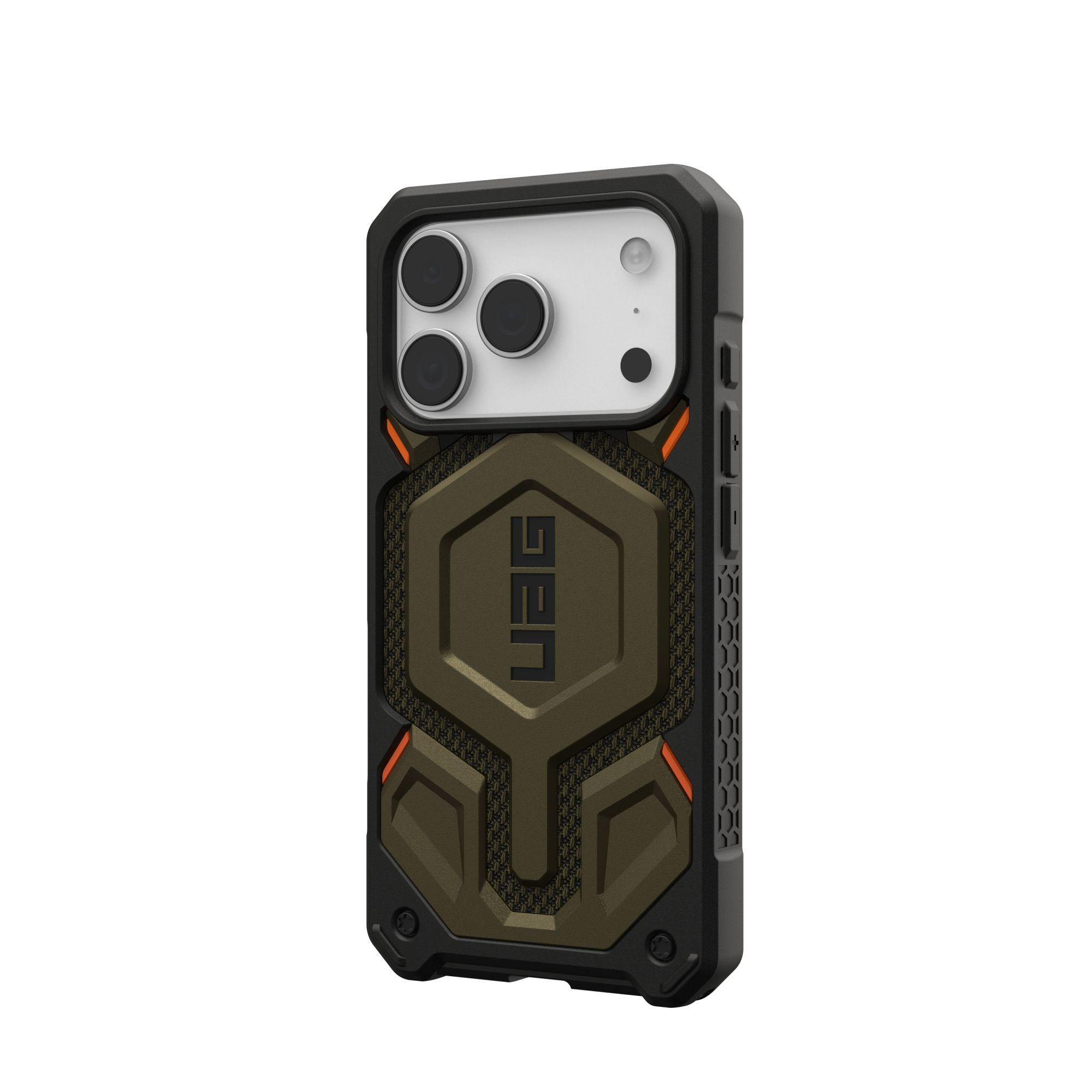 Una funda para teléfono verde oliva y negra con la marca UAG, diseñada para un teléfono con tres cámaras.