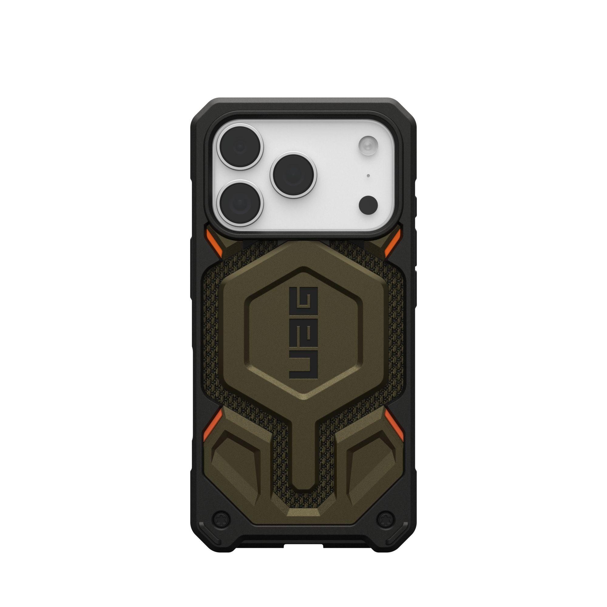 Una funda de teléfono negra y verde oliva. La funda tiene el logotipo de UAG y detalles en naranja. La funda está sobre fondo blanco.