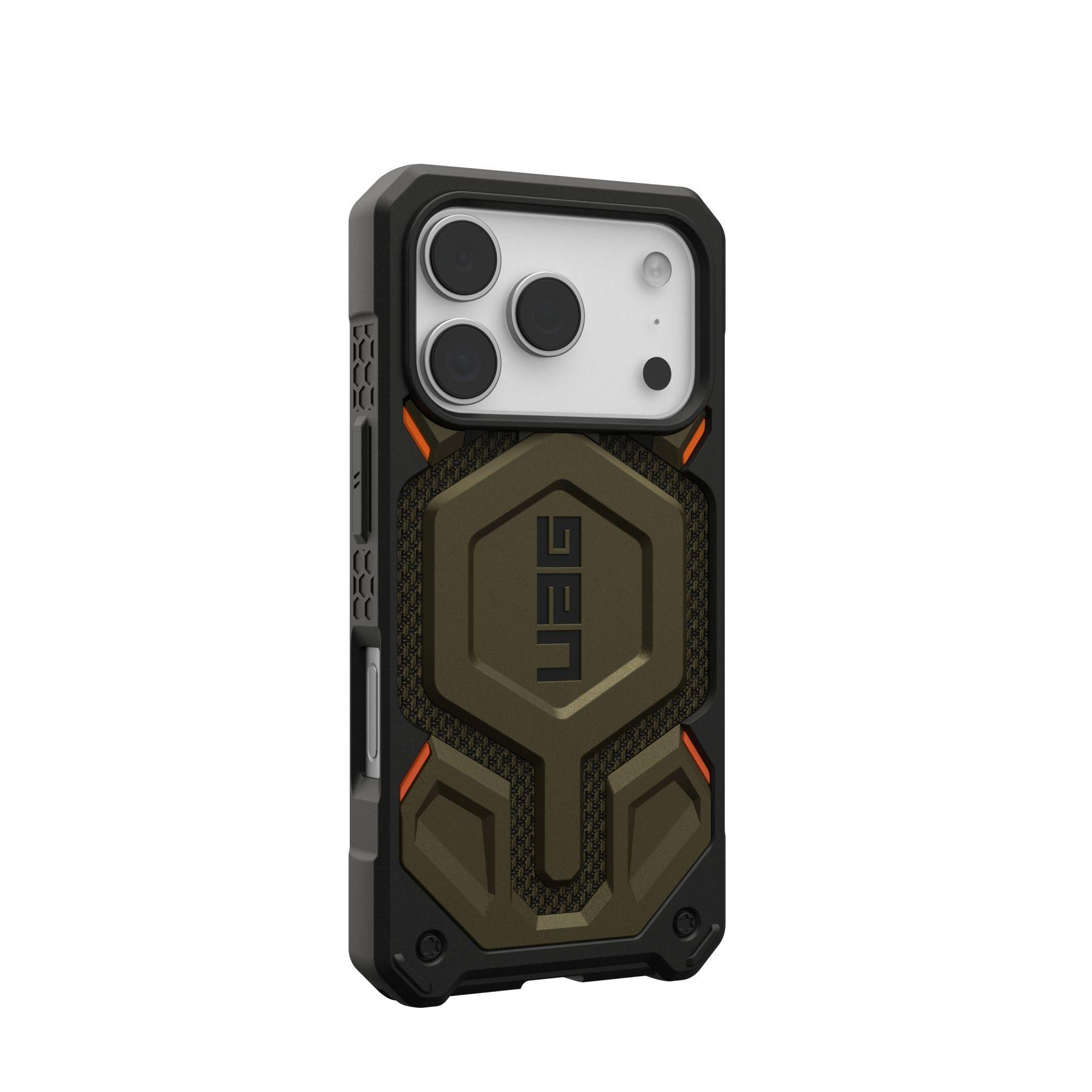 Una funda para teléfono verde oliva y negra con el logotipo de UAG. La funda tiene un diseño resistente con recortes para la cámara.