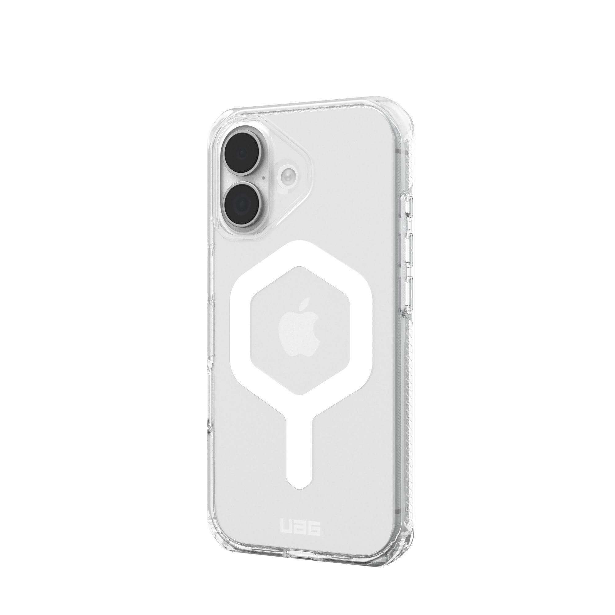 Custodia trasparente per telefono con logo Apple e marchio UAG. Con doppia fotocamera e sfondo bianco.