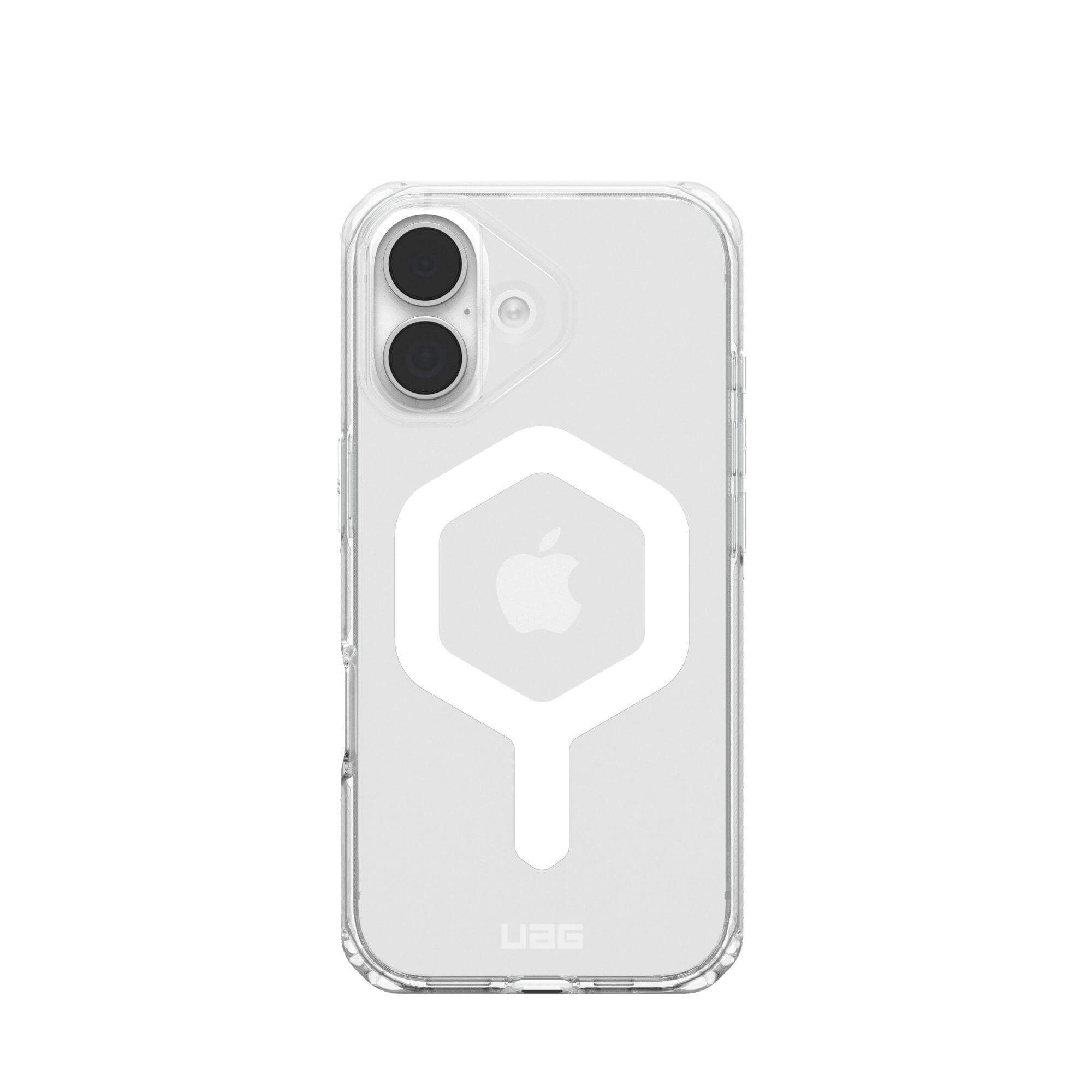 Custodia trasparente con due lenti della fotocamera e forma logo Apple bianco.