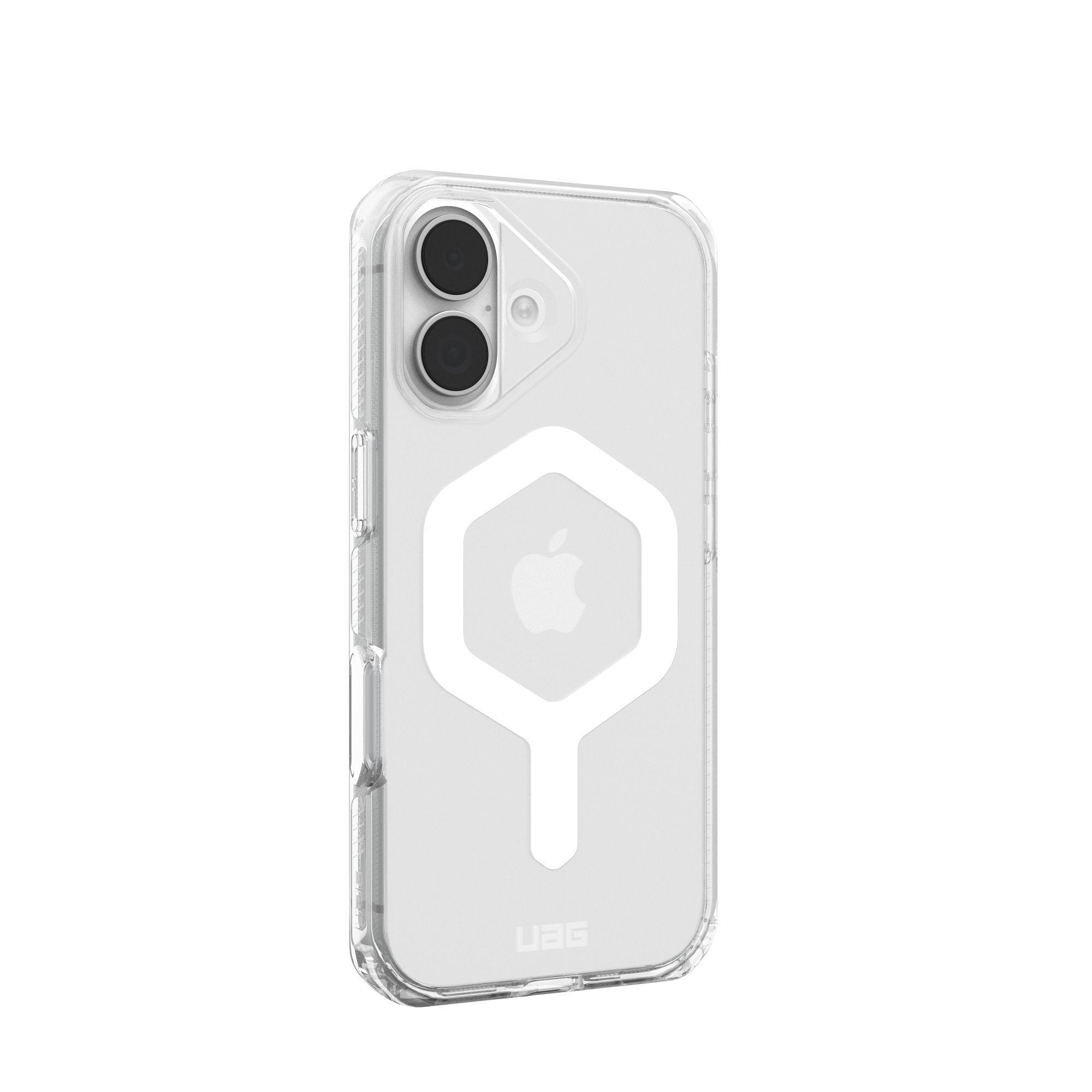 Custodia trasparente per iPhone con due lenti, logo Apple bianco e marchio UAG.