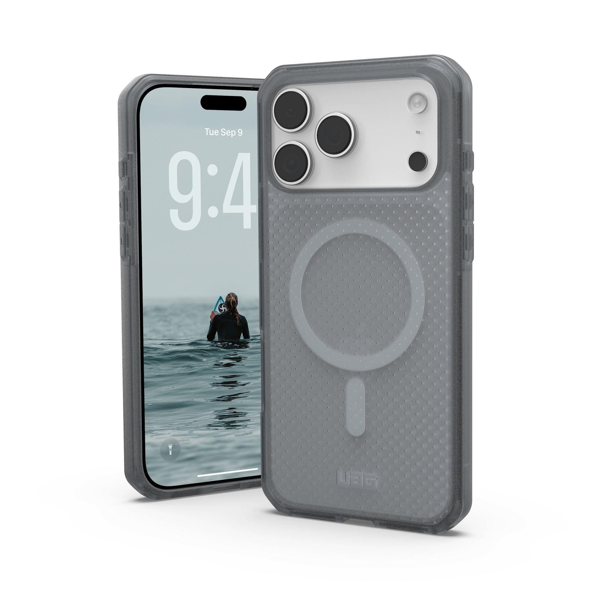 Telefono con custodia. Il display mostra un surfista in acqua. La custodia è grigia e trasparente, con anello MagSafe.