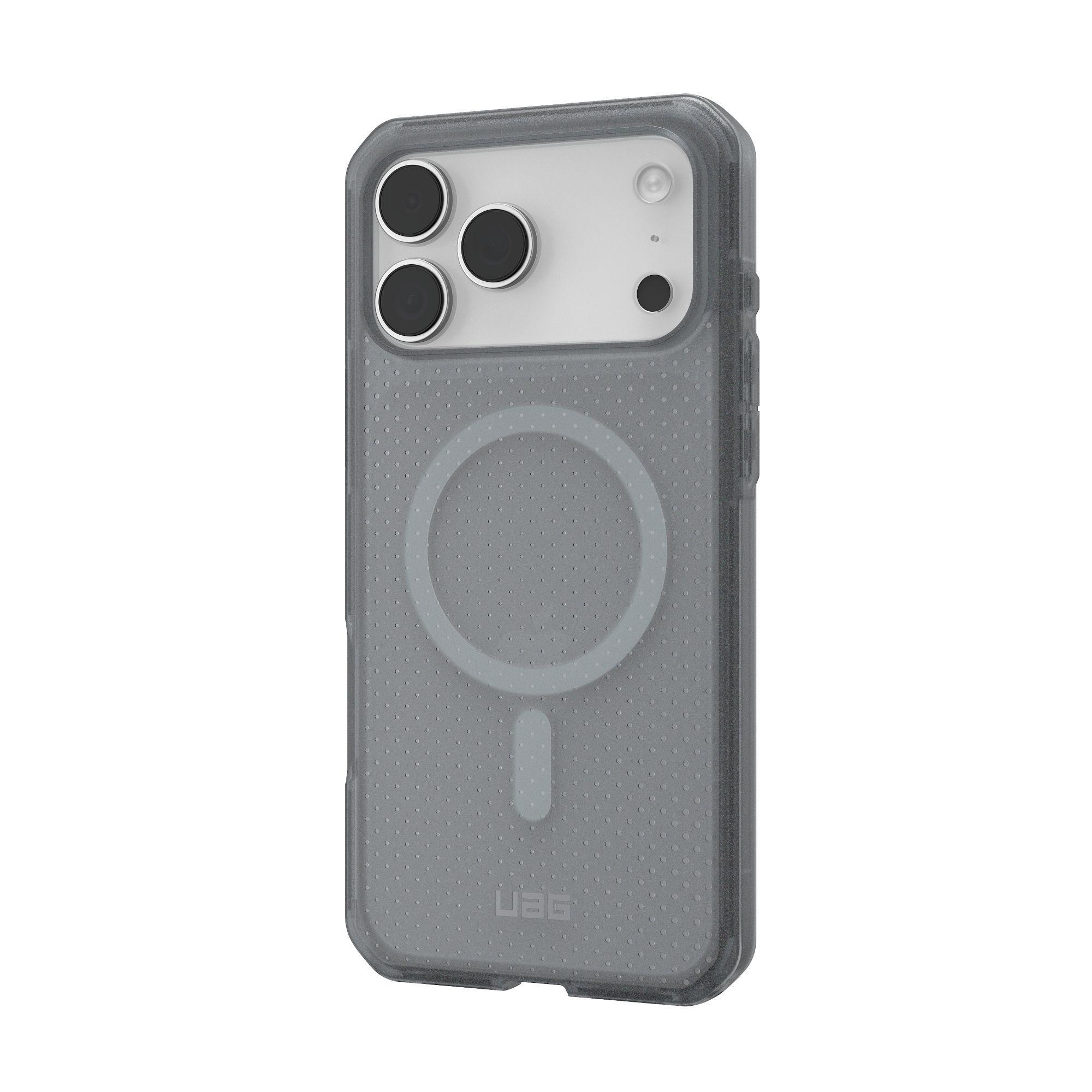 Una custodia grigia per telefono con una trama a pois. Ha ritagli per la fotocamera del telefono e un'area di ricarica magnetica.