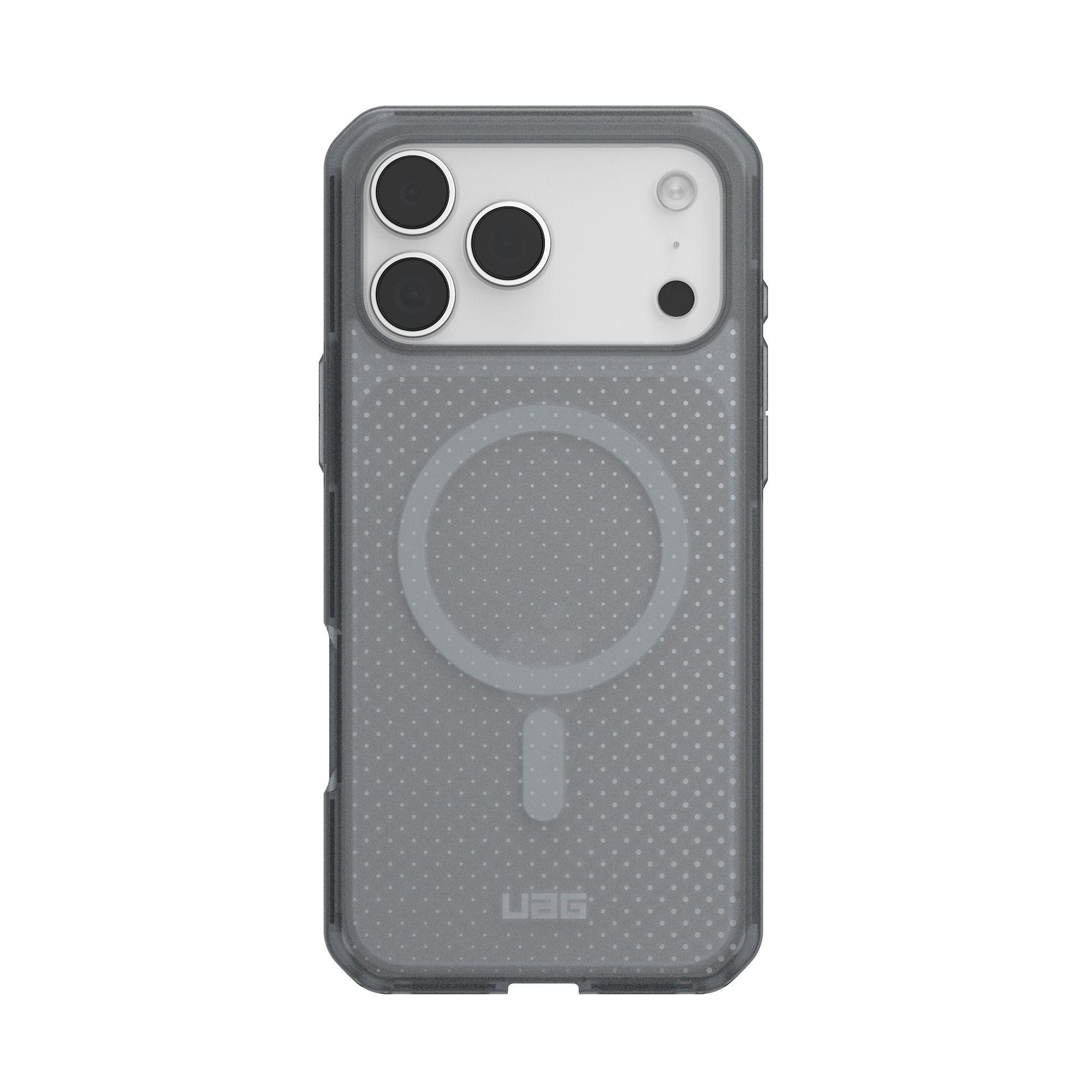 Custodia trasparente per telefono con motivo a pois. Fori per fotocamera. Logo UAG in basso.