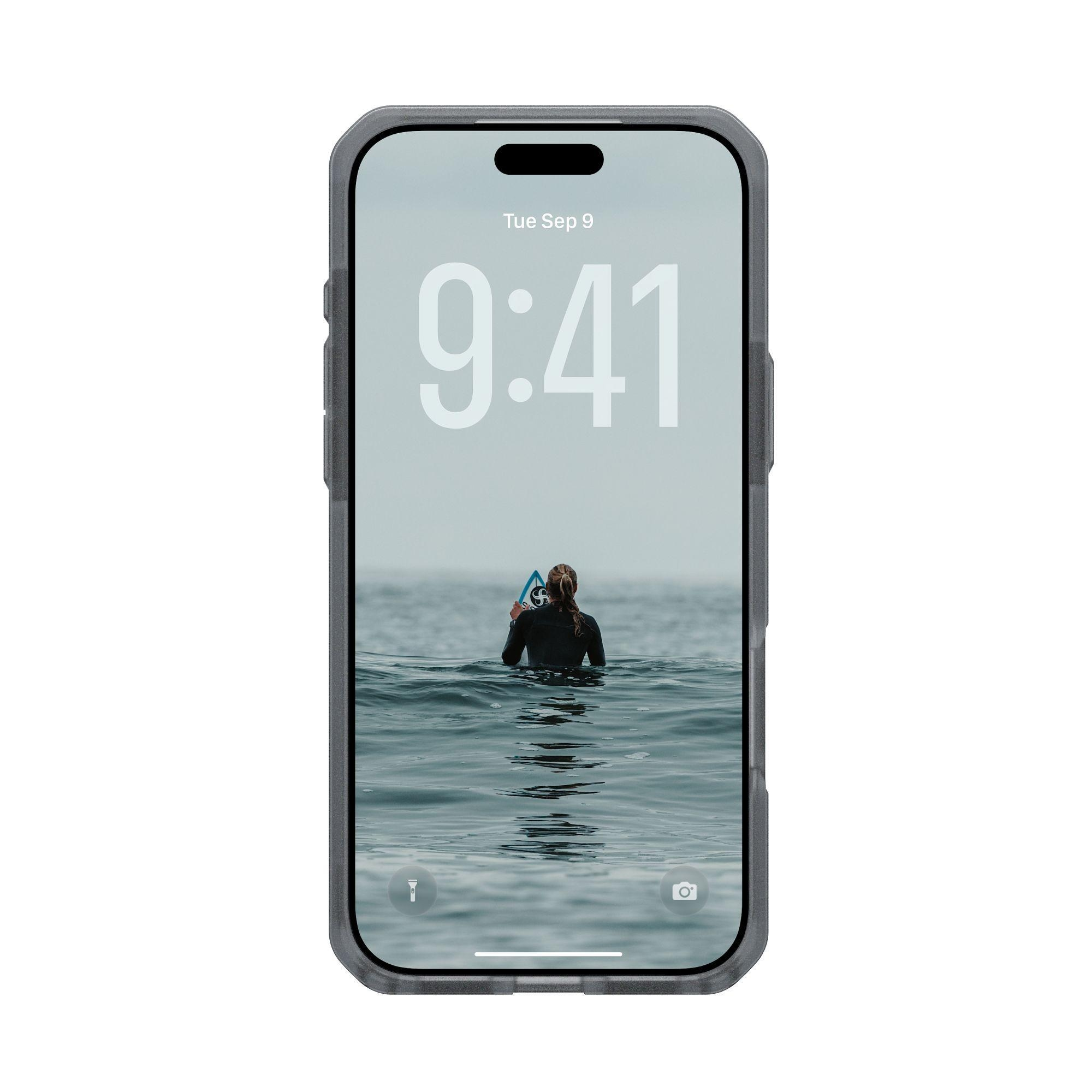 Il telefono mostra un surfista in acqua, con la tavola. L'ora è 9:41, martedì 9 settembre. Il telefono è in una custodia grigia.