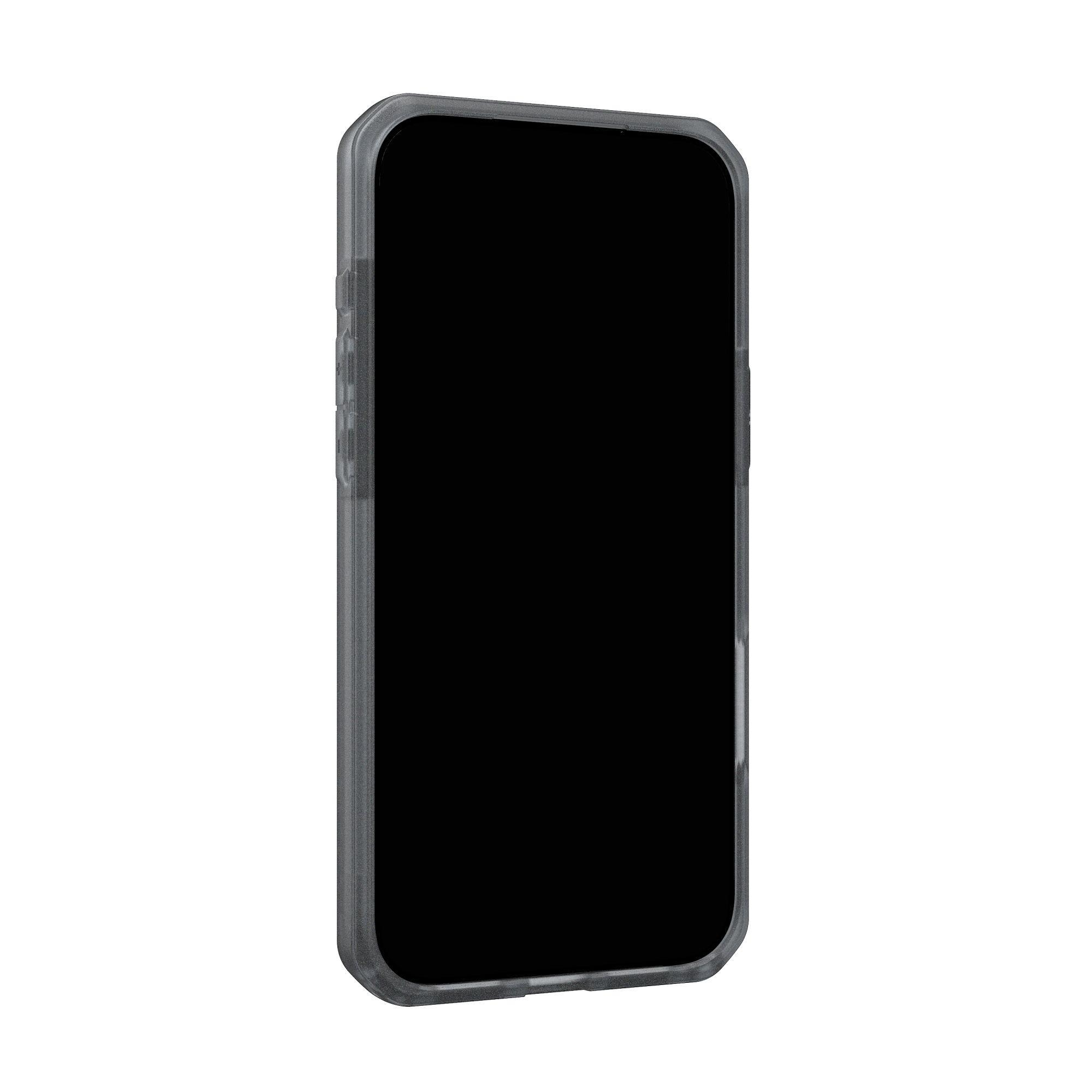 Uno smartphone con schermo nero in una custodia protettiva grigia, su sfondo bianco.