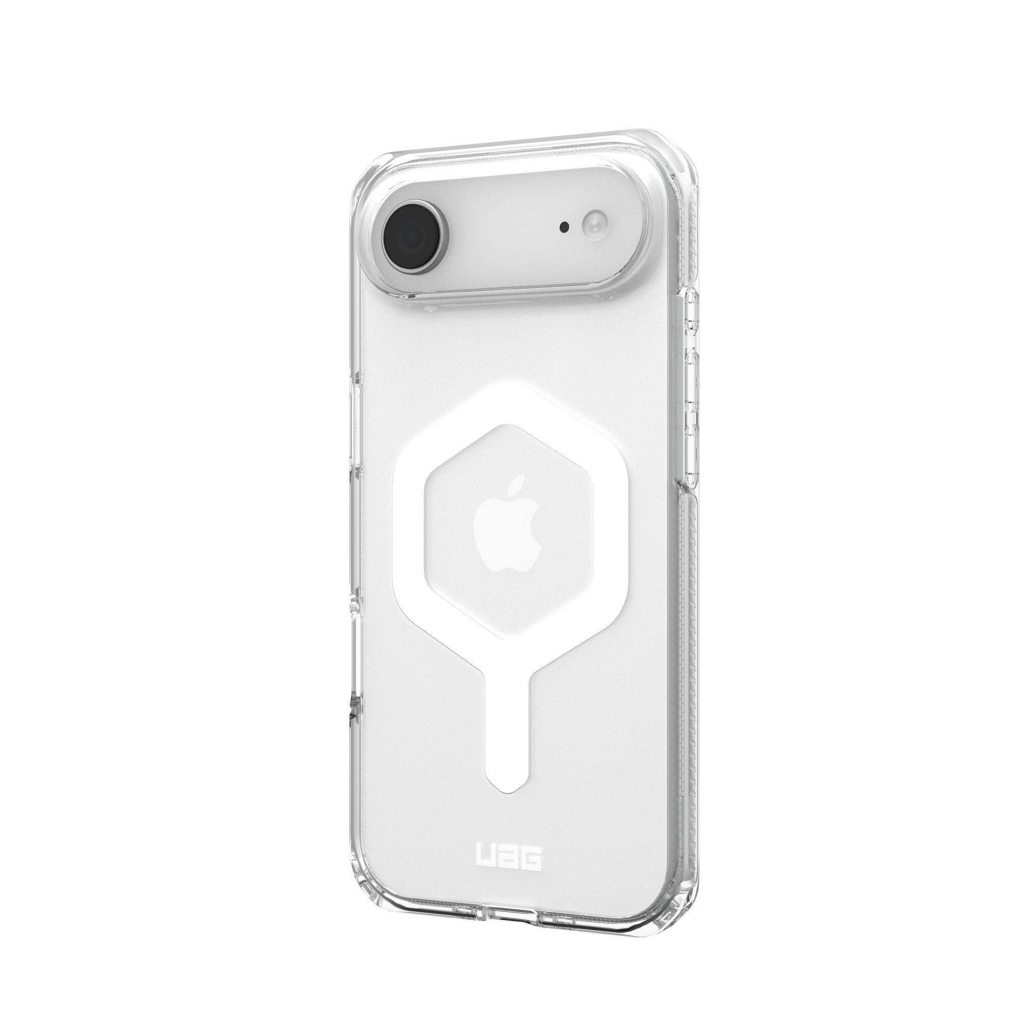 Coque de téléphone transparente avec découpe caméra, logo Apple blanc et logo UAG sur fond blanc.