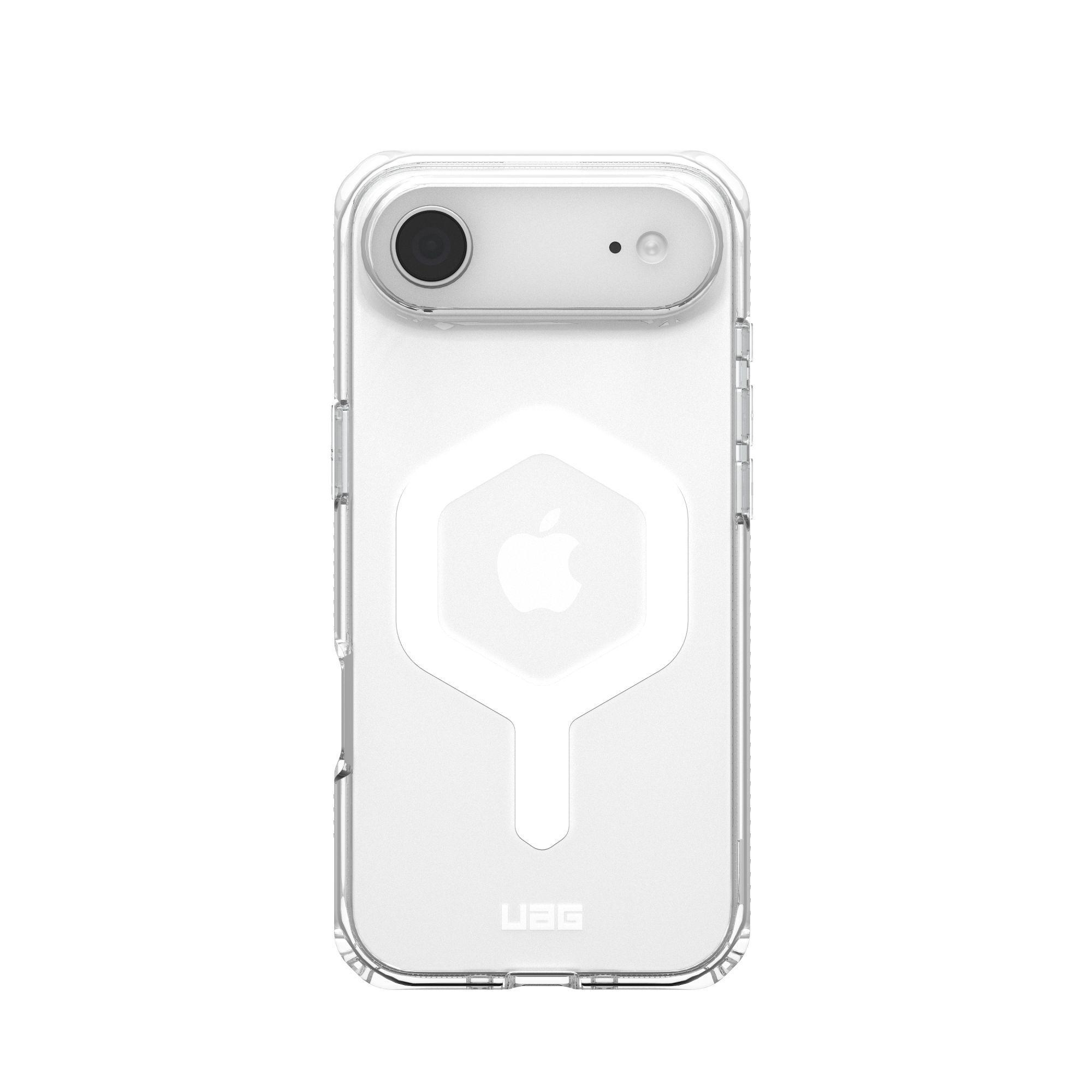 Une coque de téléphone transparente avec un objectif d'appareil photo et un logo Apple blanc sur fond blanc.