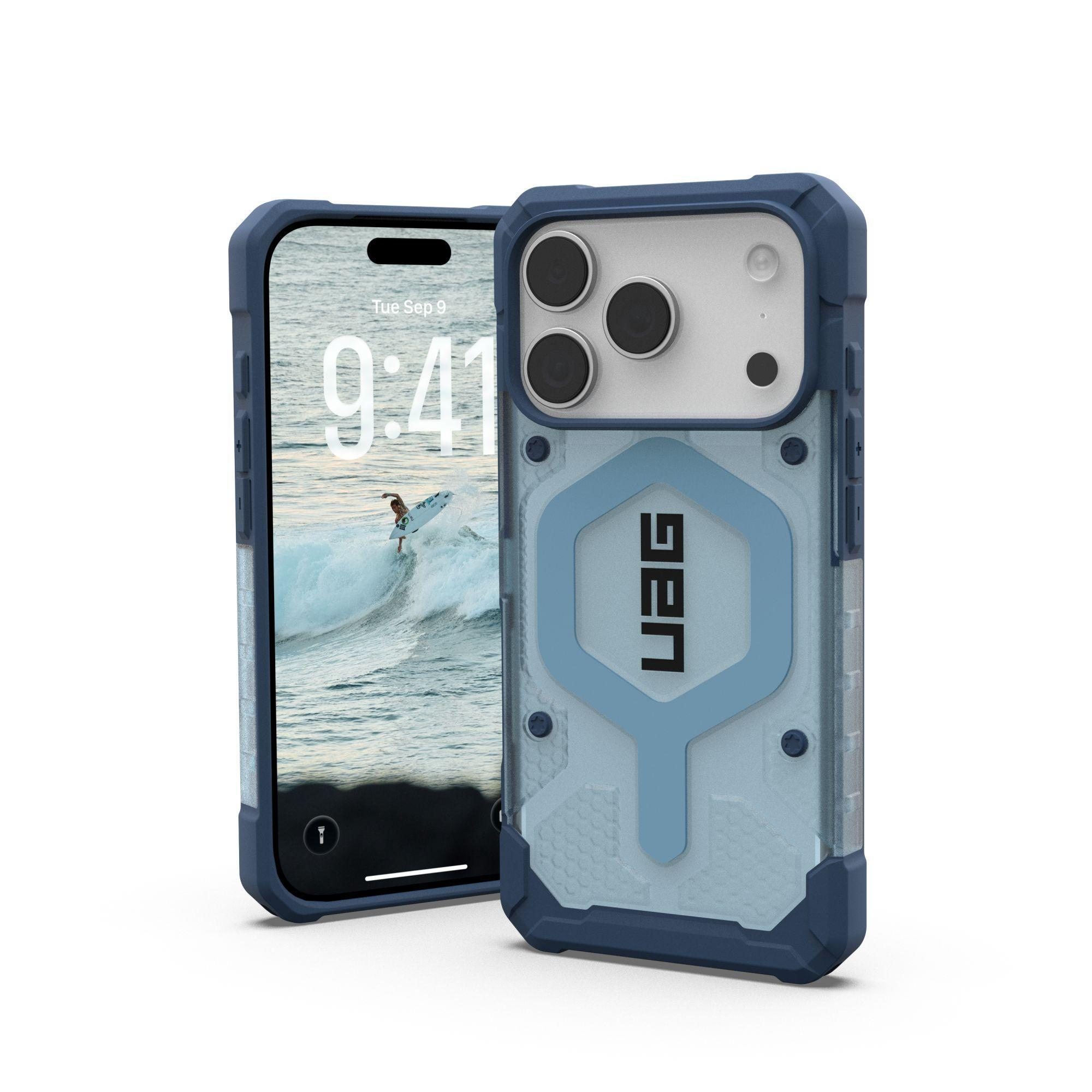 iPhone w etui UAG. Telefon wyświetla scenę surfingu. Etui jest niebieskie i szare.