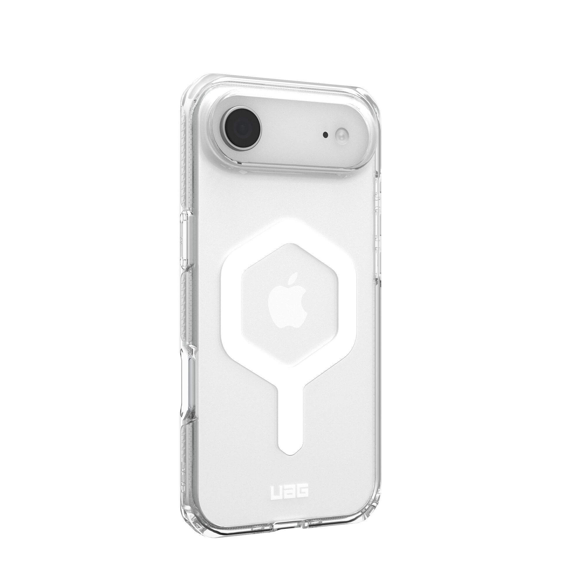 Un étui de téléphone transparent est montré. Il comporte un logo Apple blanc, une découpe pour l'appareil photo et le logo UAG.