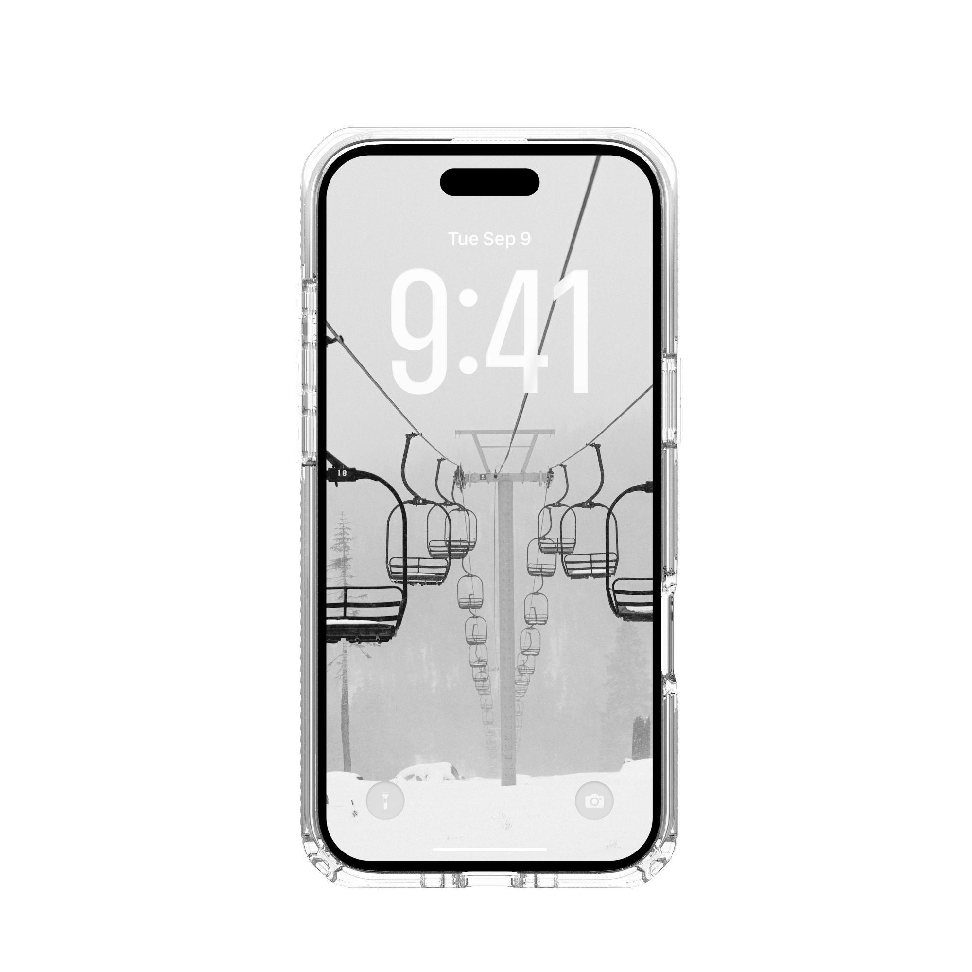 Un écran de téléphone affiche une scène de télésiège. L'heure est 9h41, mardi 9 septembre. Le téléphone est dans un étui transparent.