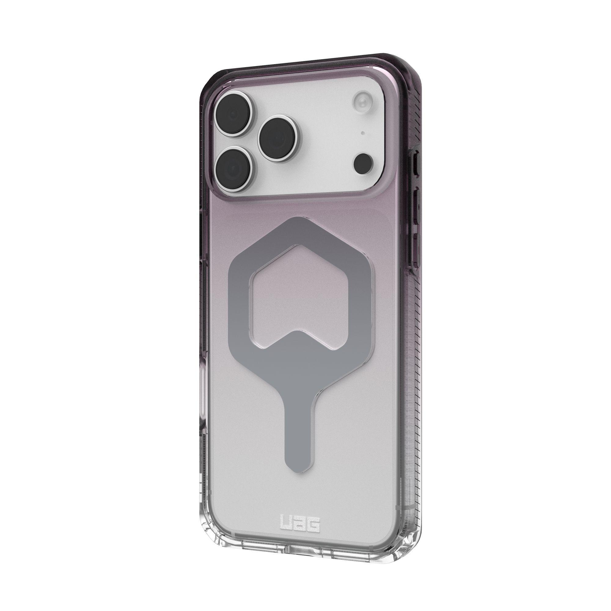 Una funda transparente para teléfono con degradado púrpura, un recorte plateado y el logotipo UAG.