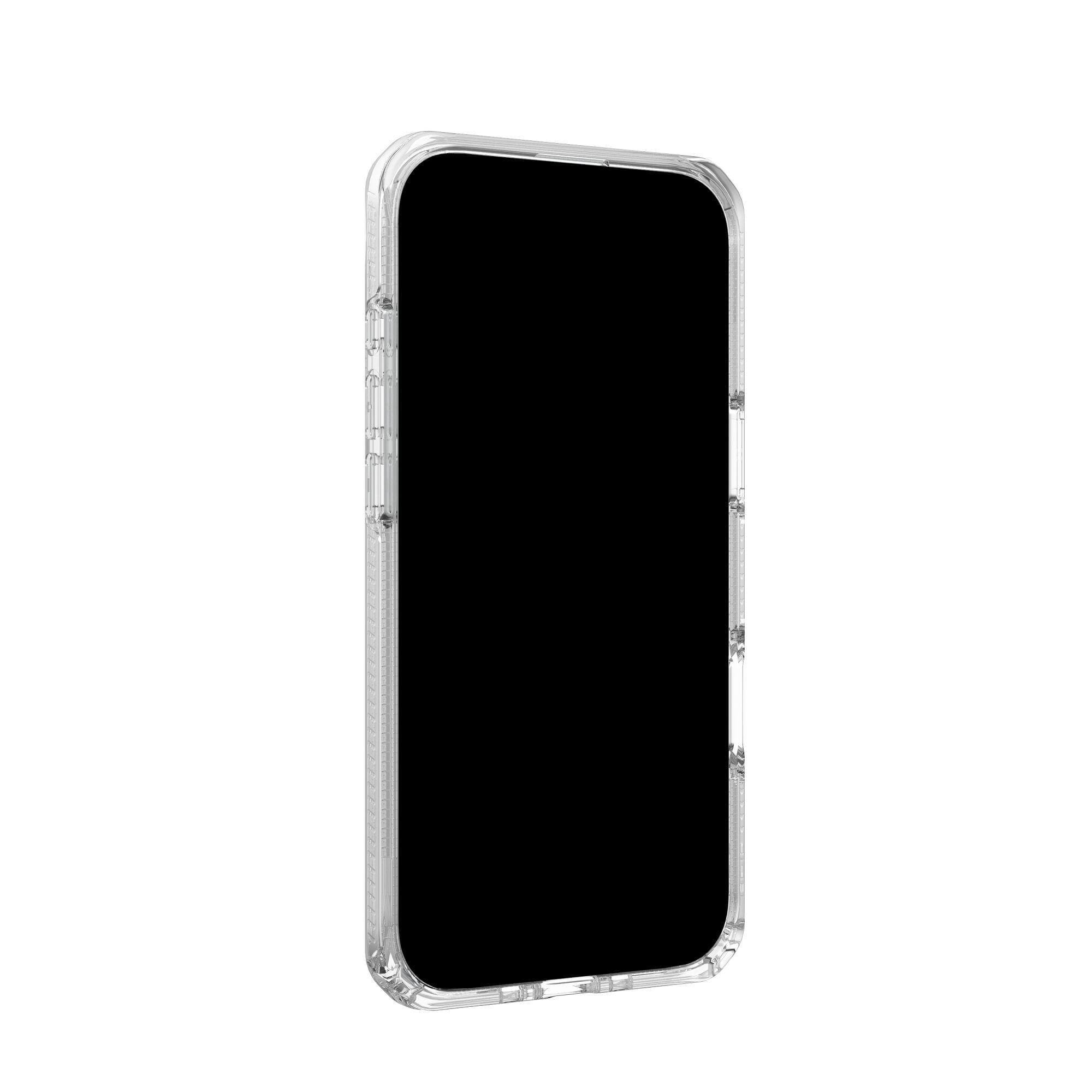 Un étui de téléphone transparent avec un écran noir est présenté sur fond blanc.