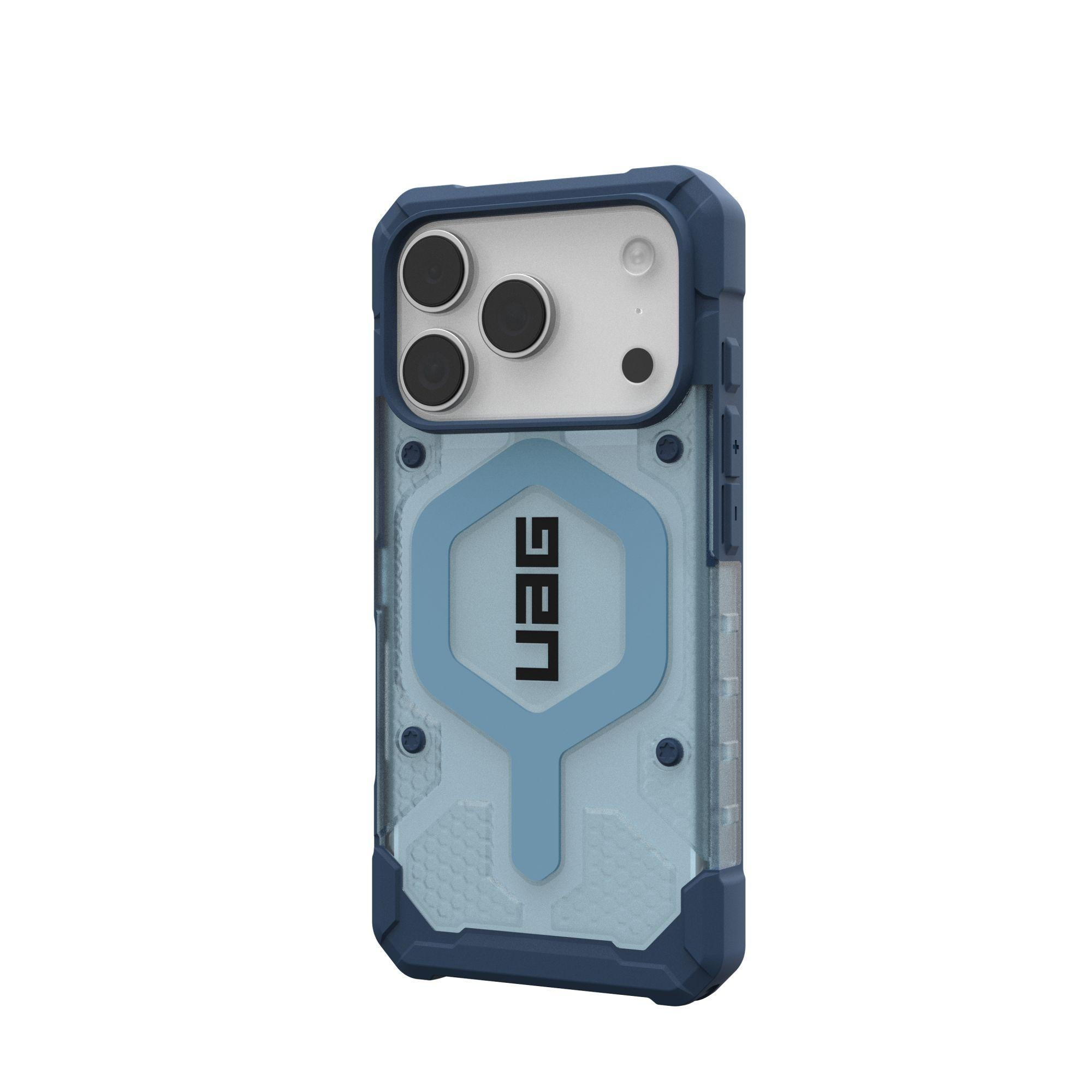 Niebieskie i przezroczyste etui na telefon z logo UAG. Etui ma wycięcie na aparat i niebieską ramkę.