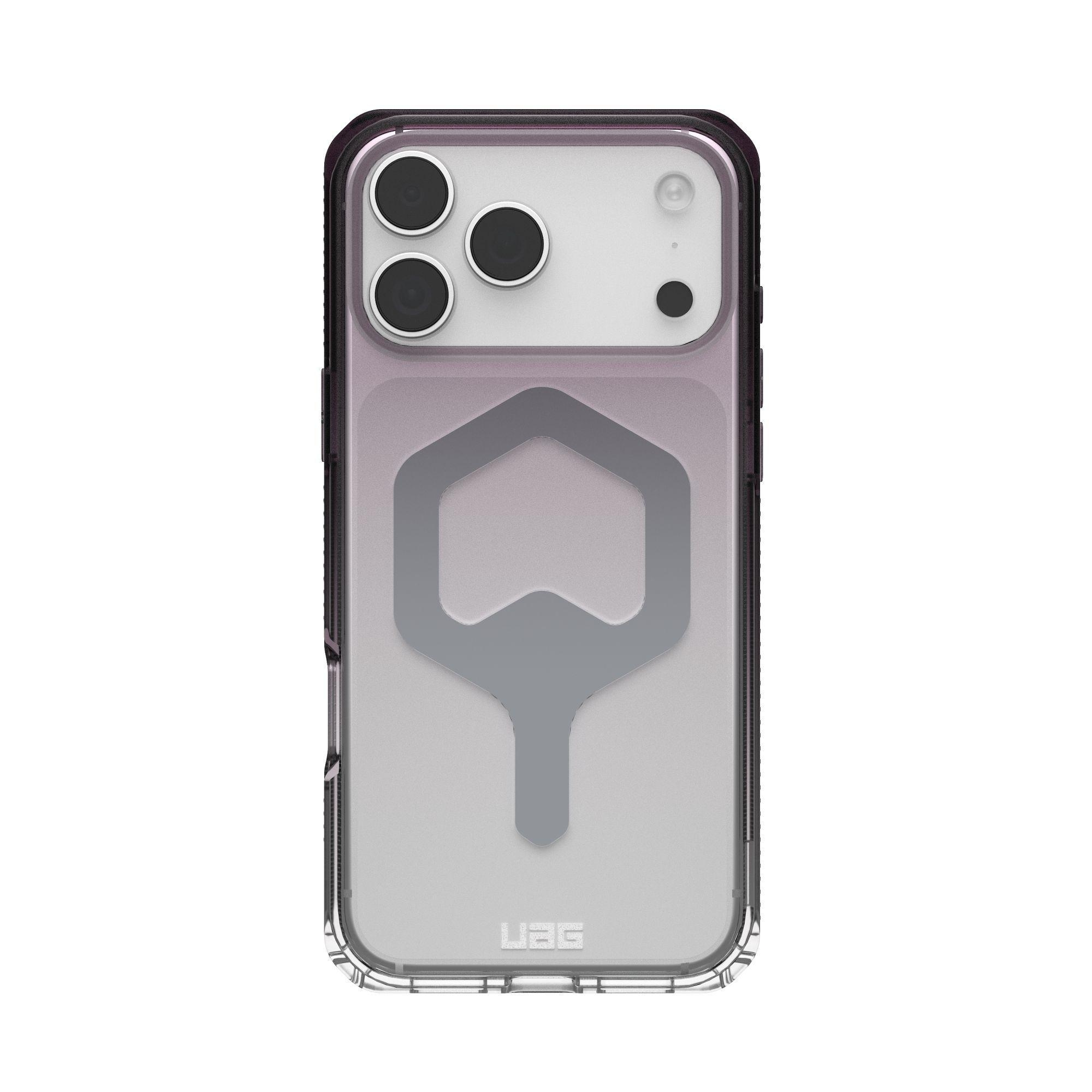 Funda transparente para teléfono con borde negro. Tiene un diseño gris en la parte trasera y un módulo de cámara con tres lentes.