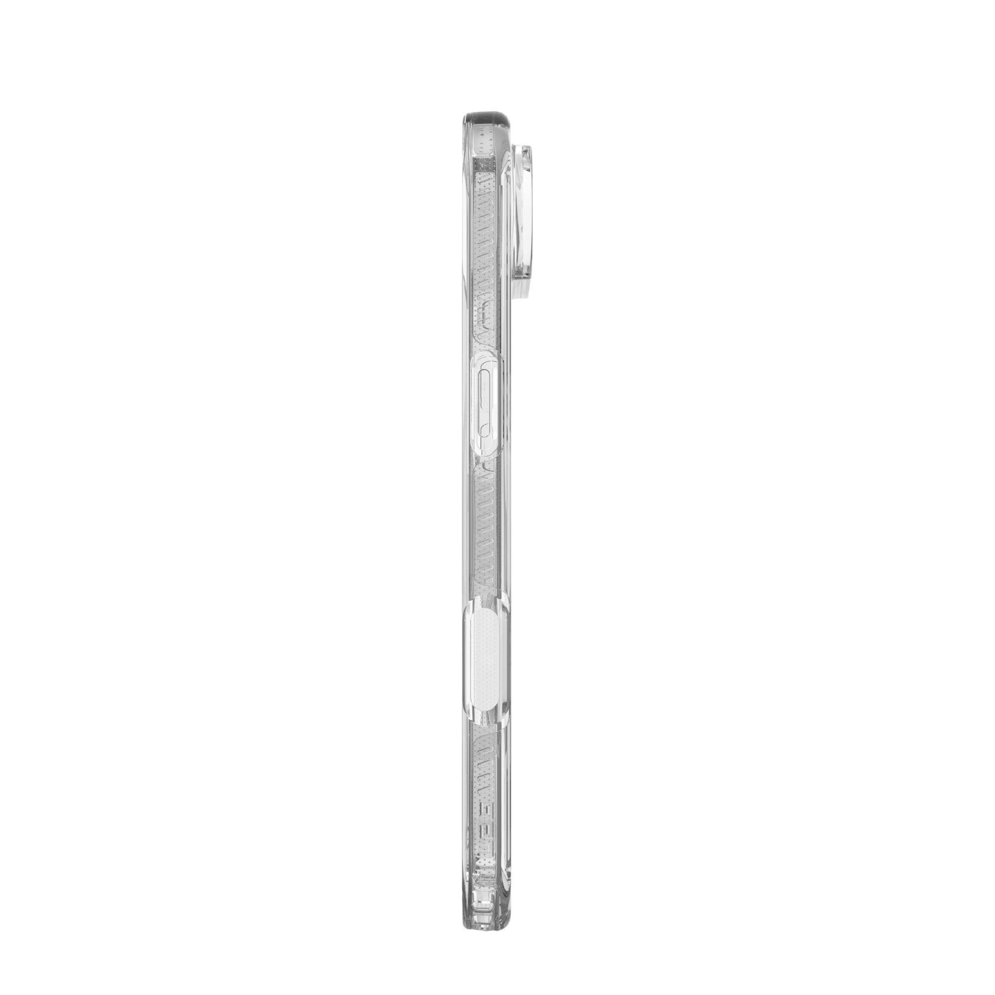 Coque de téléphone transparente de profil. Elle a des boutons et une découpe pour l'appareil photo. La coque est sur fond blanc.