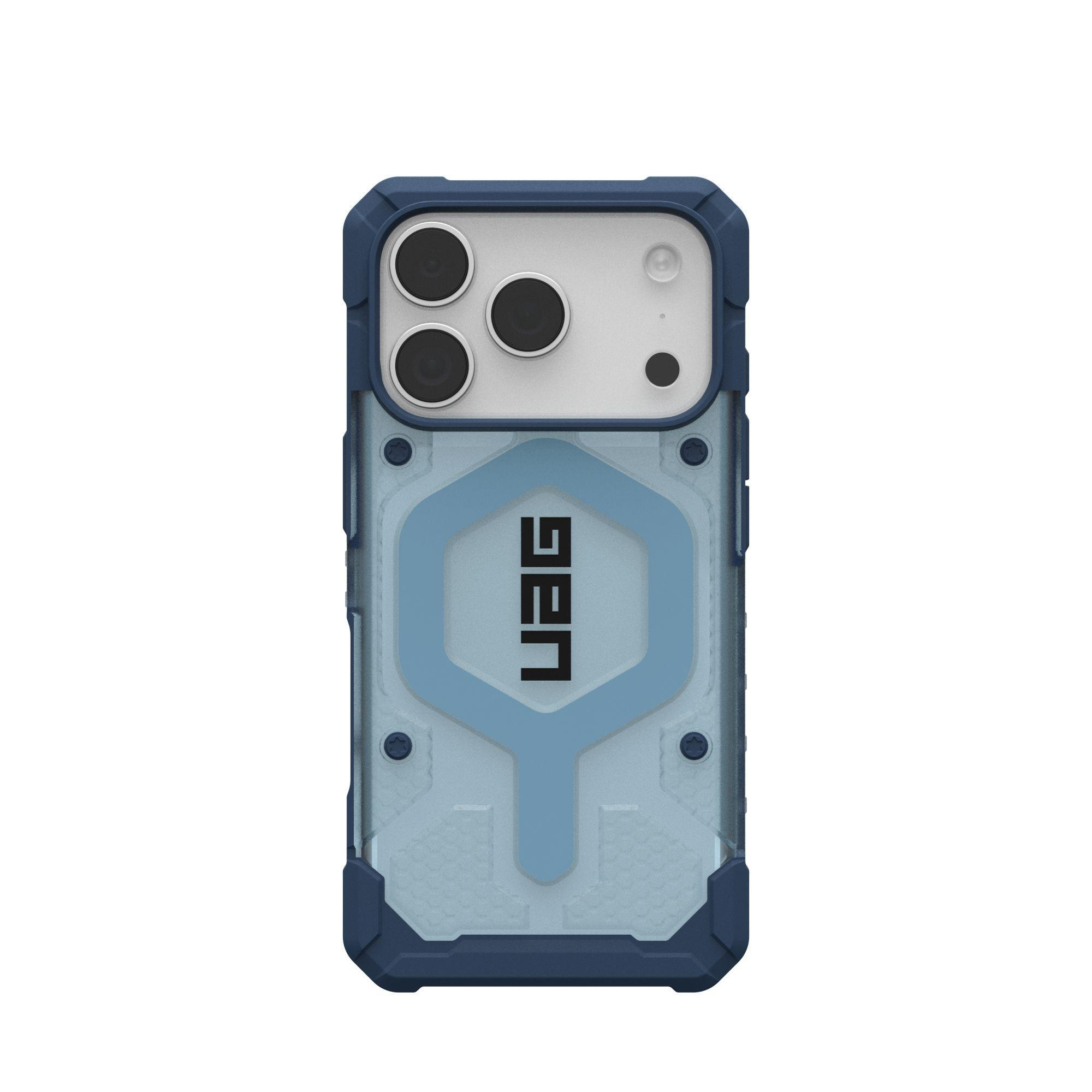 Niebieskie i przezroczyste etui UAG na telefon. Etui ma wytrzymałą konstrukcję z widocznym logo UAG.